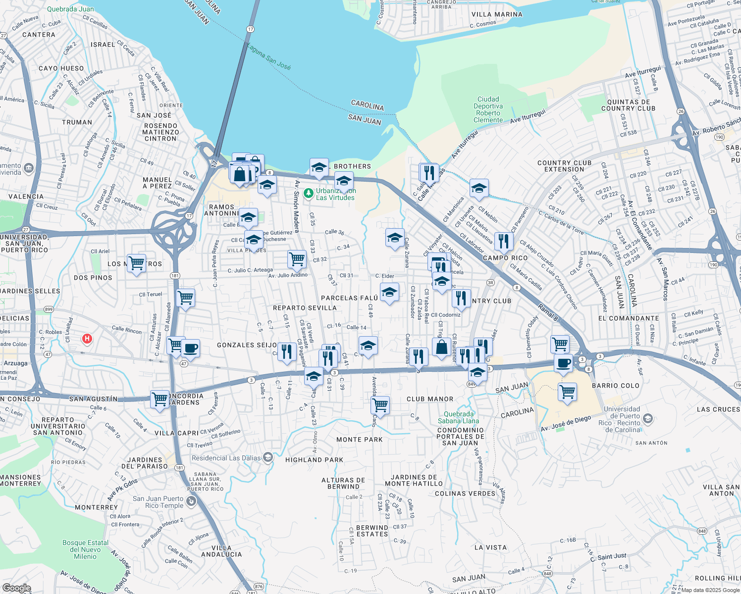 map of restaurants, bars, coffee shops, grocery stores, and more near 226 Calle 49 in San Juan