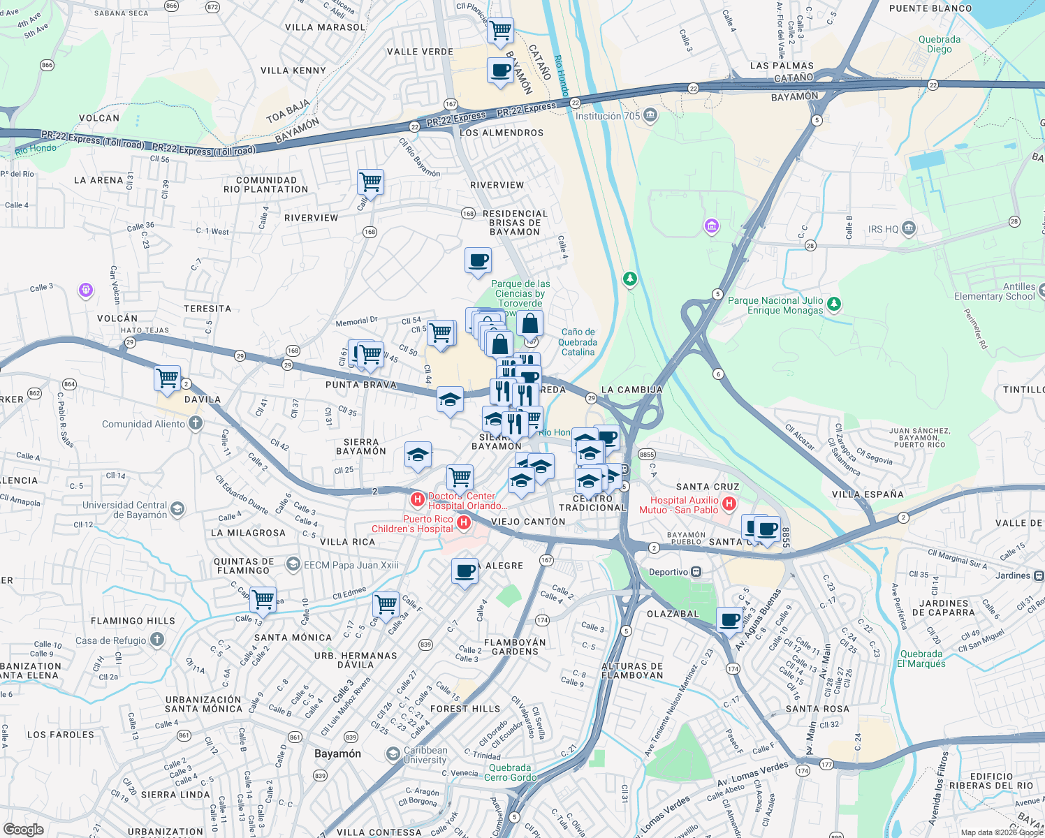 map of restaurants, bars, coffee shops, grocery stores, and more near 75 Calle 24 in Bayamón