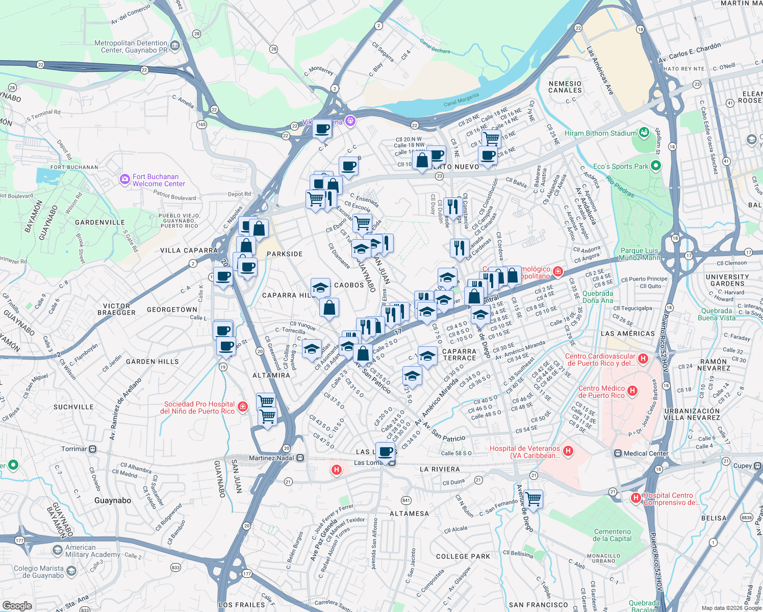 map of restaurants, bars, coffee shops, grocery stores, and more near 620 Calle Elma in San Juan