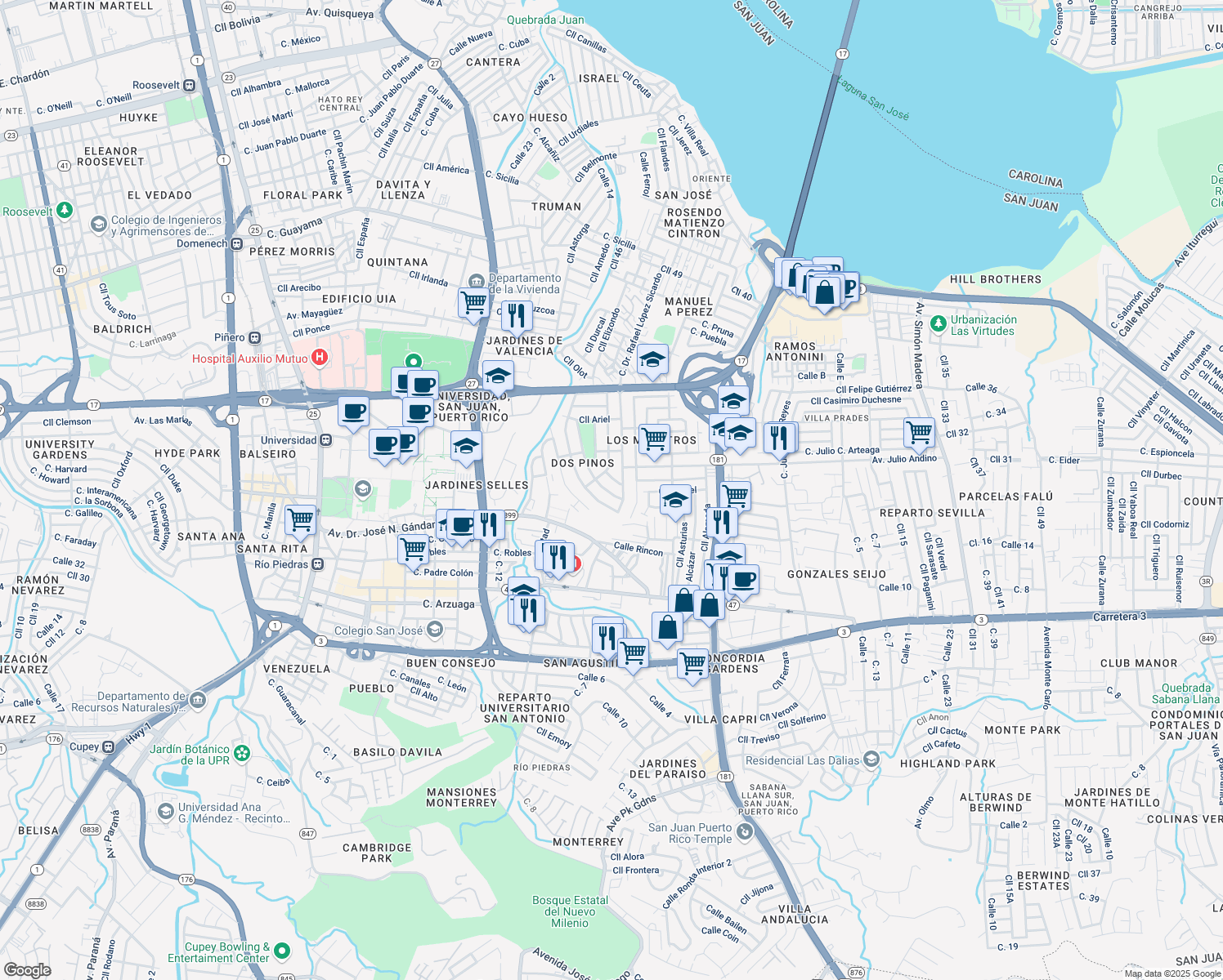 map of restaurants, bars, coffee shops, grocery stores, and more near 821-827 Calle Dr. Lopez Sicardo in San Juan