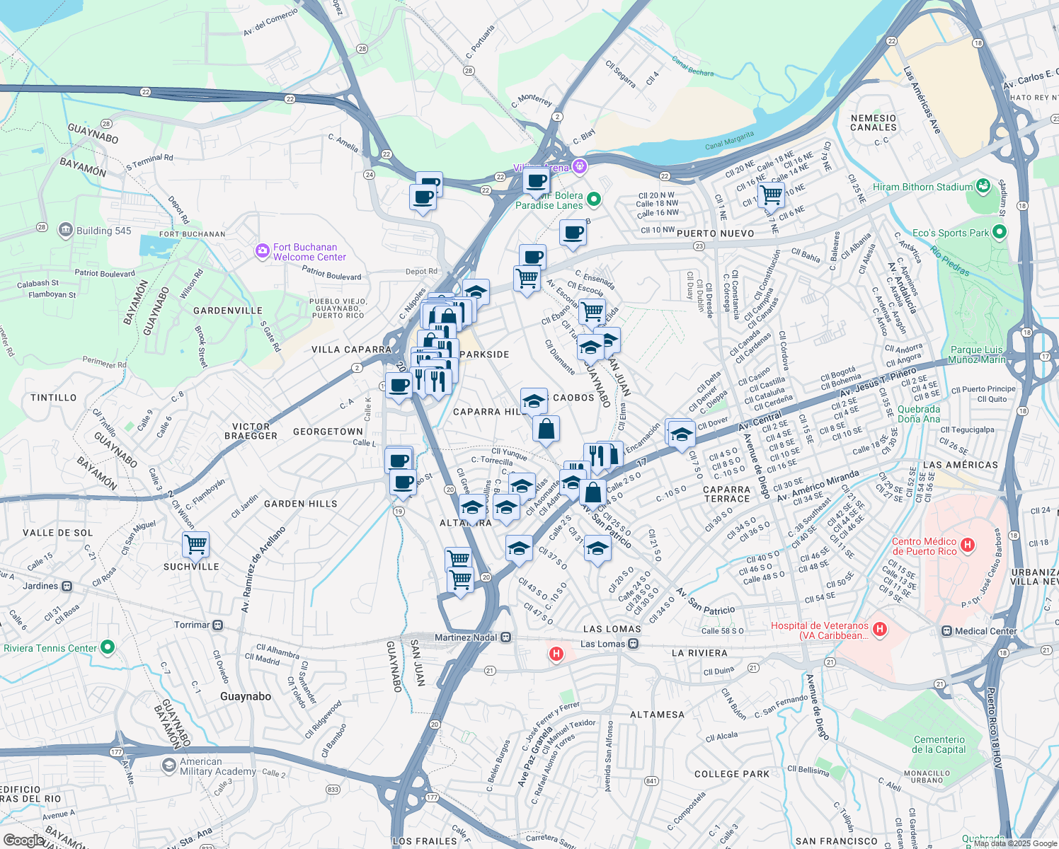 map of restaurants, bars, coffee shops, grocery stores, and more near in Guaynabo