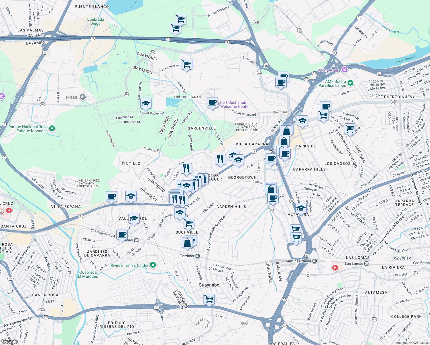 map of restaurants, bars, coffee shops, grocery stores, and more near in Guaynabo