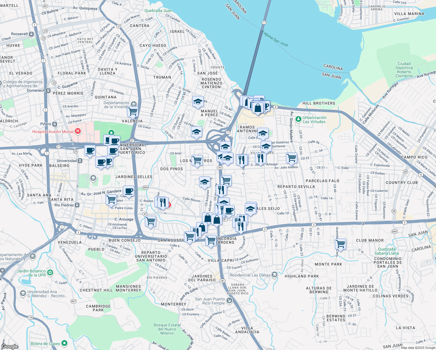 map of restaurants, bars, coffee shops, grocery stores, and more near in San Juan