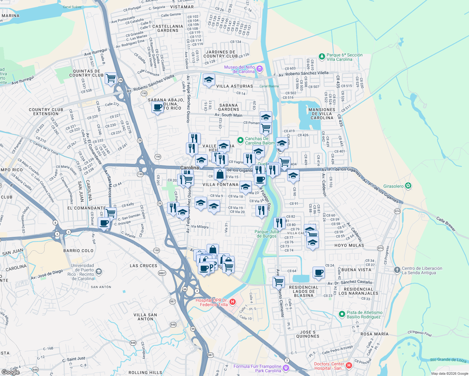 map of restaurants, bars, coffee shops, grocery stores, and more near Calle Via 17 in Carolina