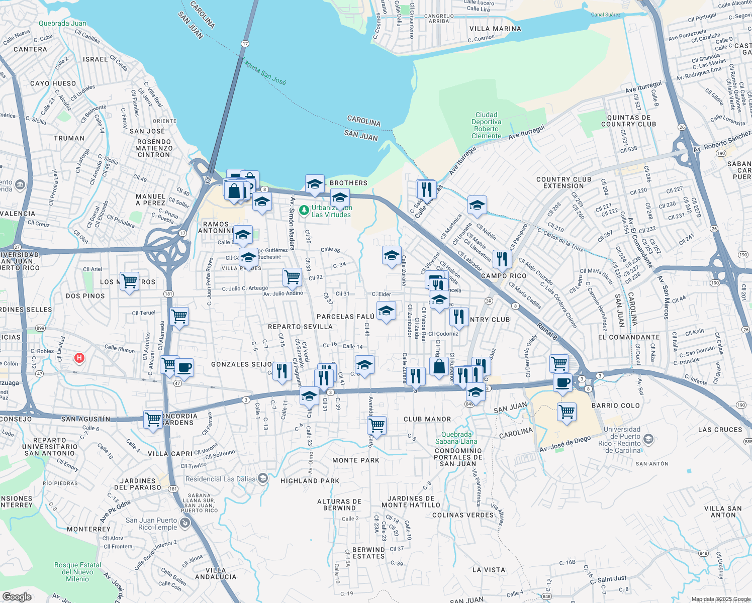 map of restaurants, bars, coffee shops, grocery stores, and more near 226-248 Cll 49 in San Juan