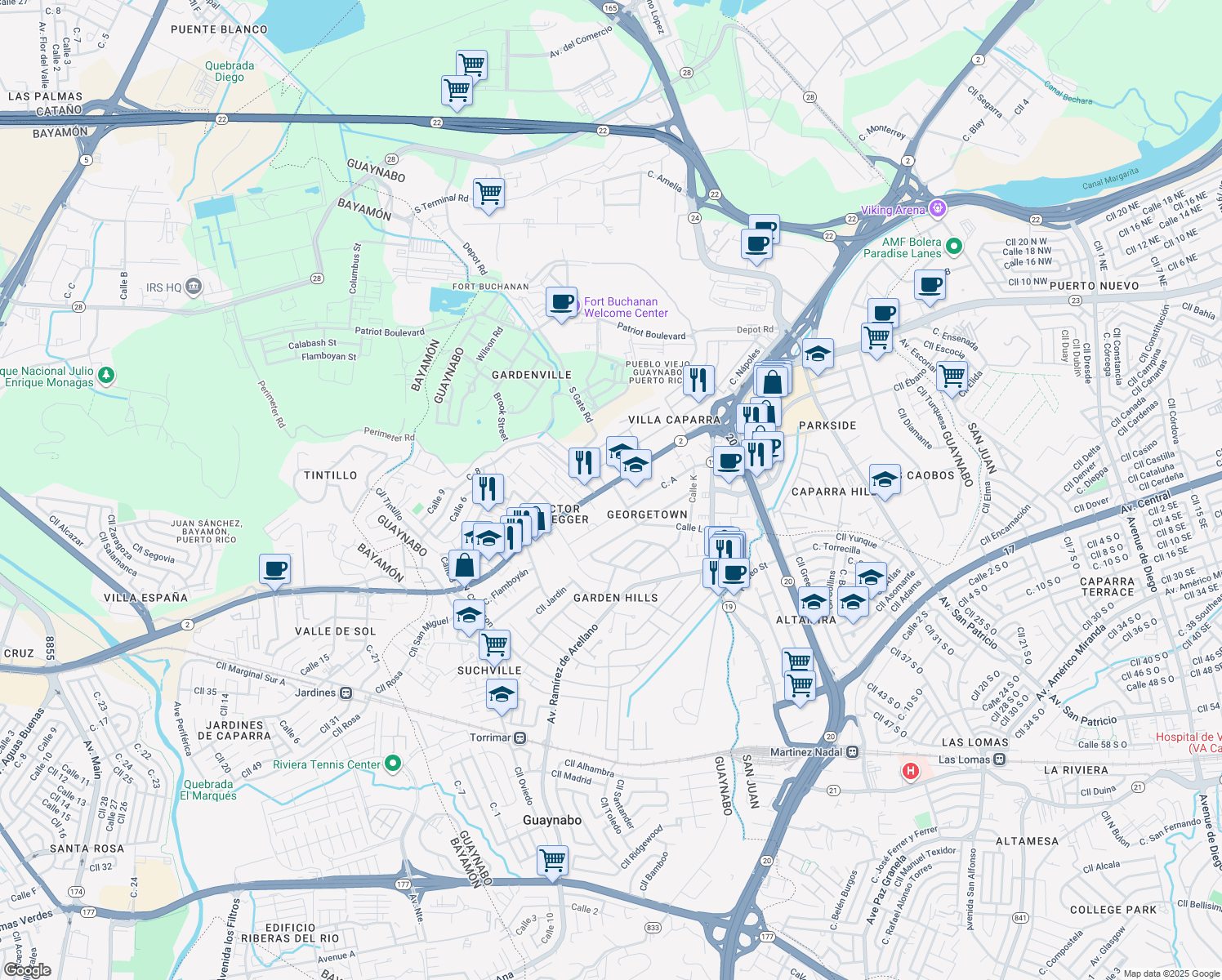 map of restaurants, bars, coffee shops, grocery stores, and more near 2-16 Calle B in Guaynabo