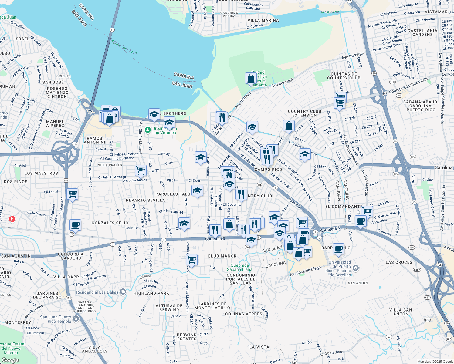 map of restaurants, bars, coffee shops, grocery stores, and more near 893 Calle Eider in San Juan