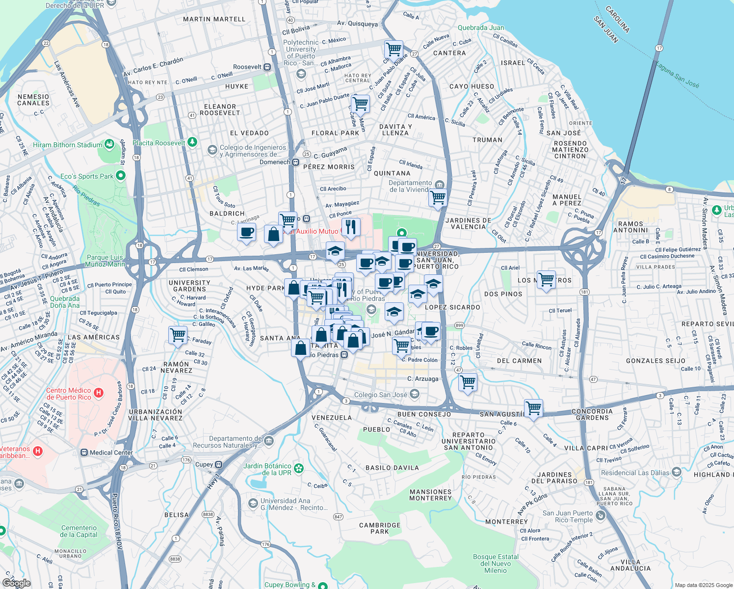 map of restaurants, bars, coffee shops, grocery stores, and more near 1064 Avenida de la Constitución in San Juan