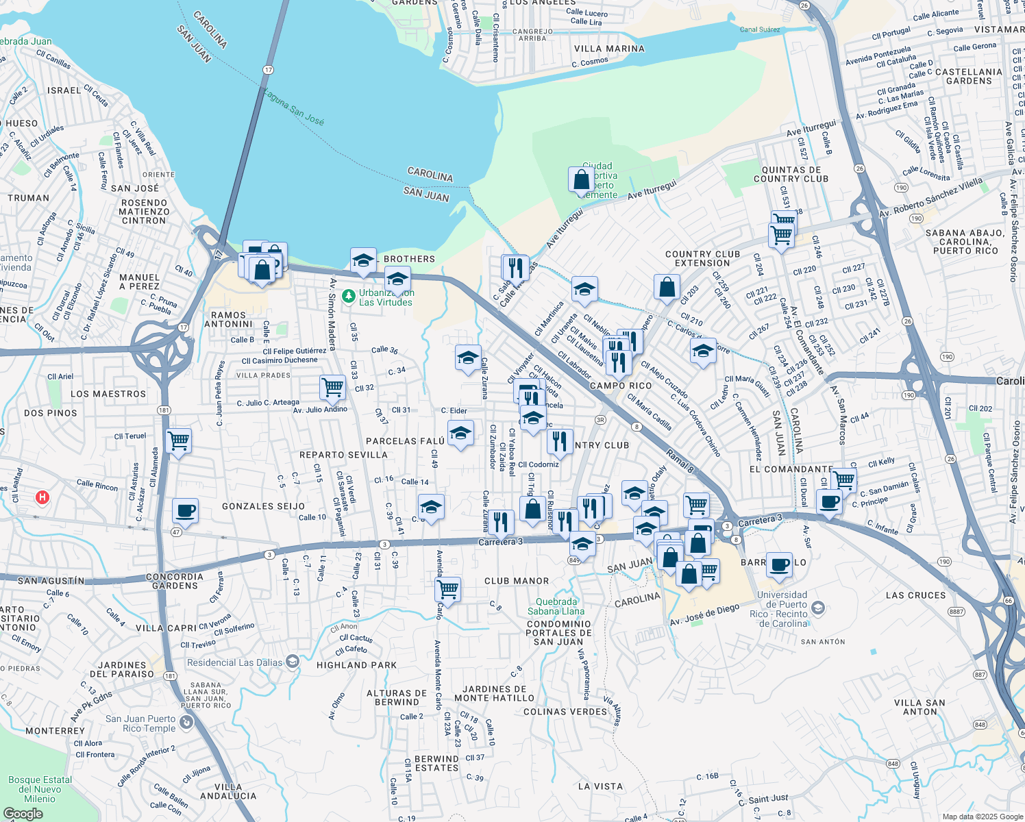 map of restaurants, bars, coffee shops, grocery stores, and more near 911 Calle Eider in San Juan