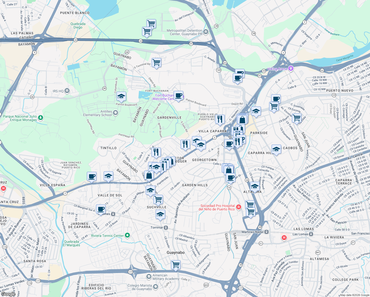 map of restaurants, bars, coffee shops, grocery stores, and more near 6 Calle G in Guaynabo