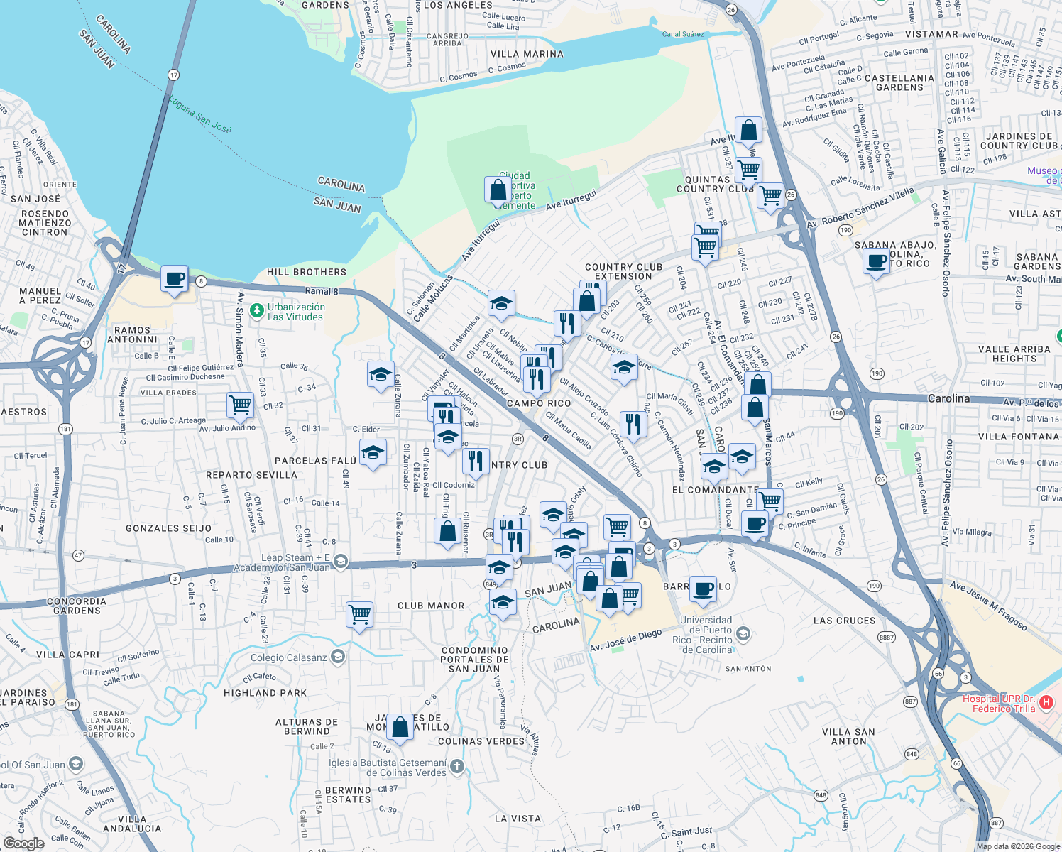 map of restaurants, bars, coffee shops, grocery stores, and more near in San Juan