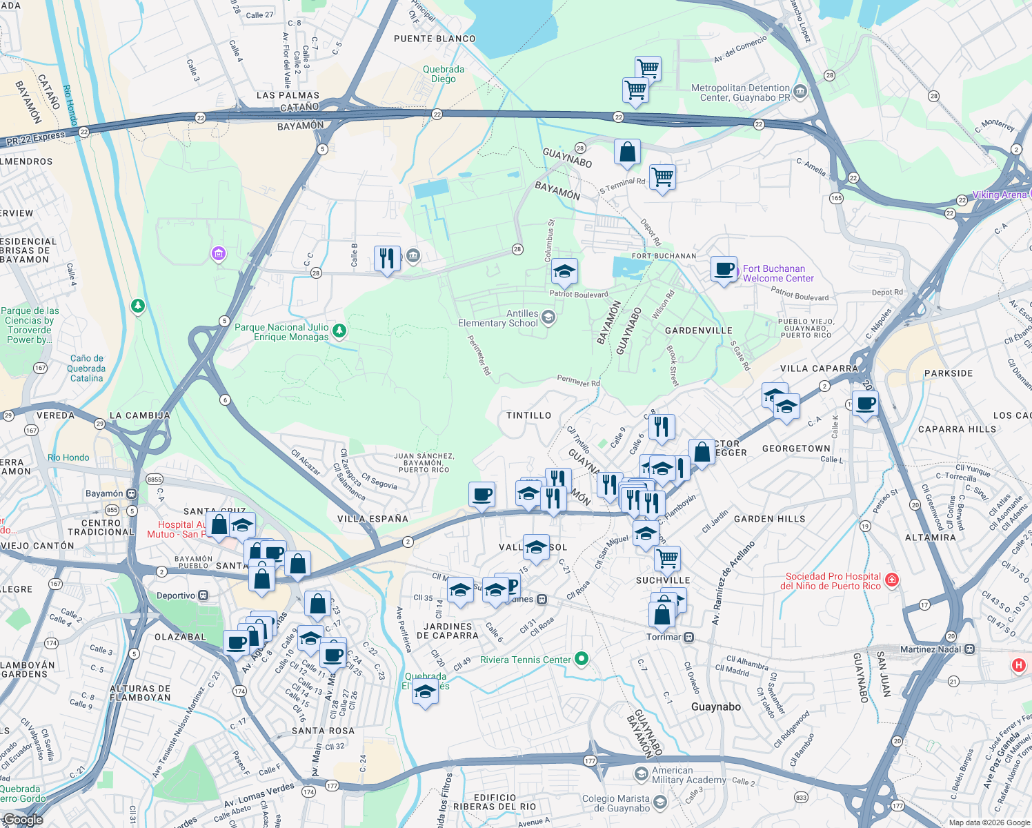 map of restaurants, bars, coffee shops, grocery stores, and more near 528A Calle Tintillo in Bayamón