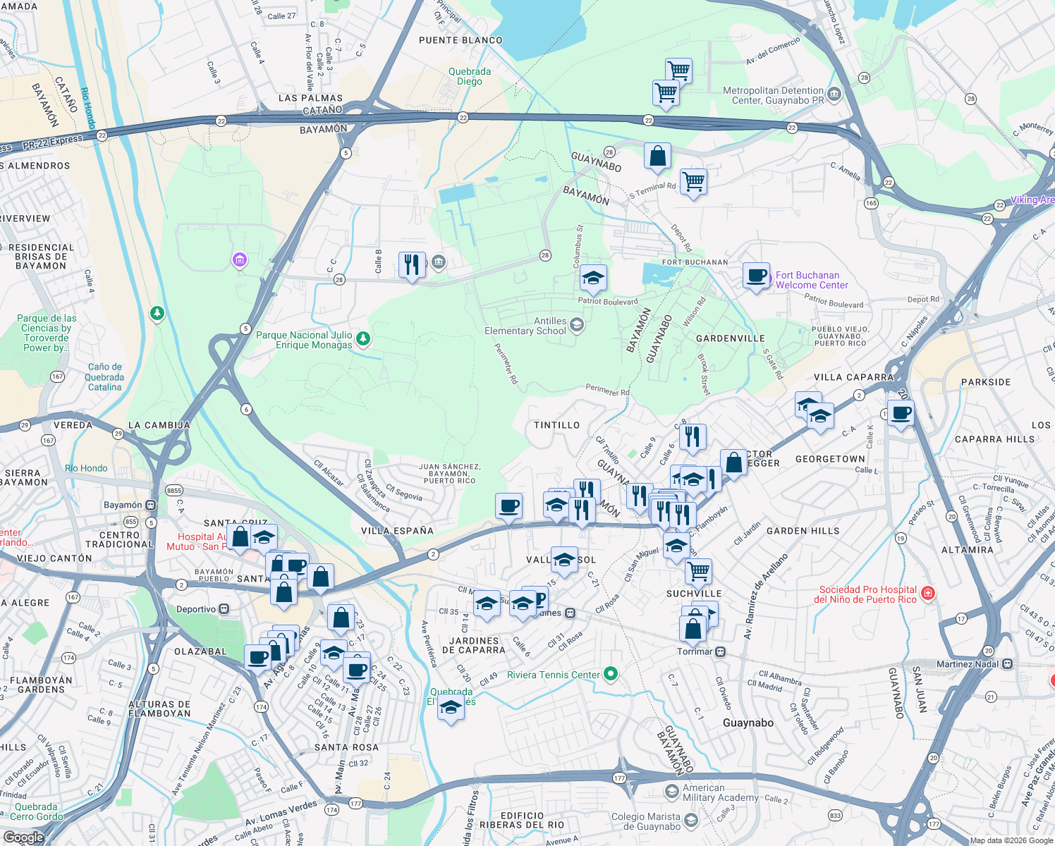 map of restaurants, bars, coffee shops, grocery stores, and more near 528A Calle Tintillo in Bayamón