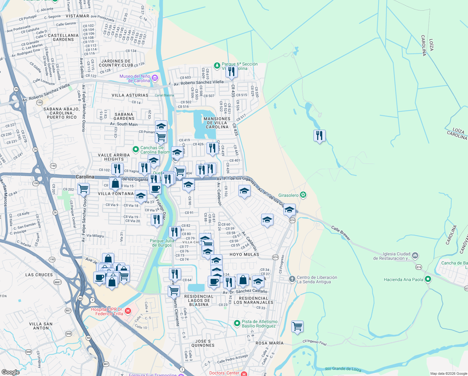 map of restaurants, bars, coffee shops, grocery stores, and more near 14-26 Calle 104 in Carolina