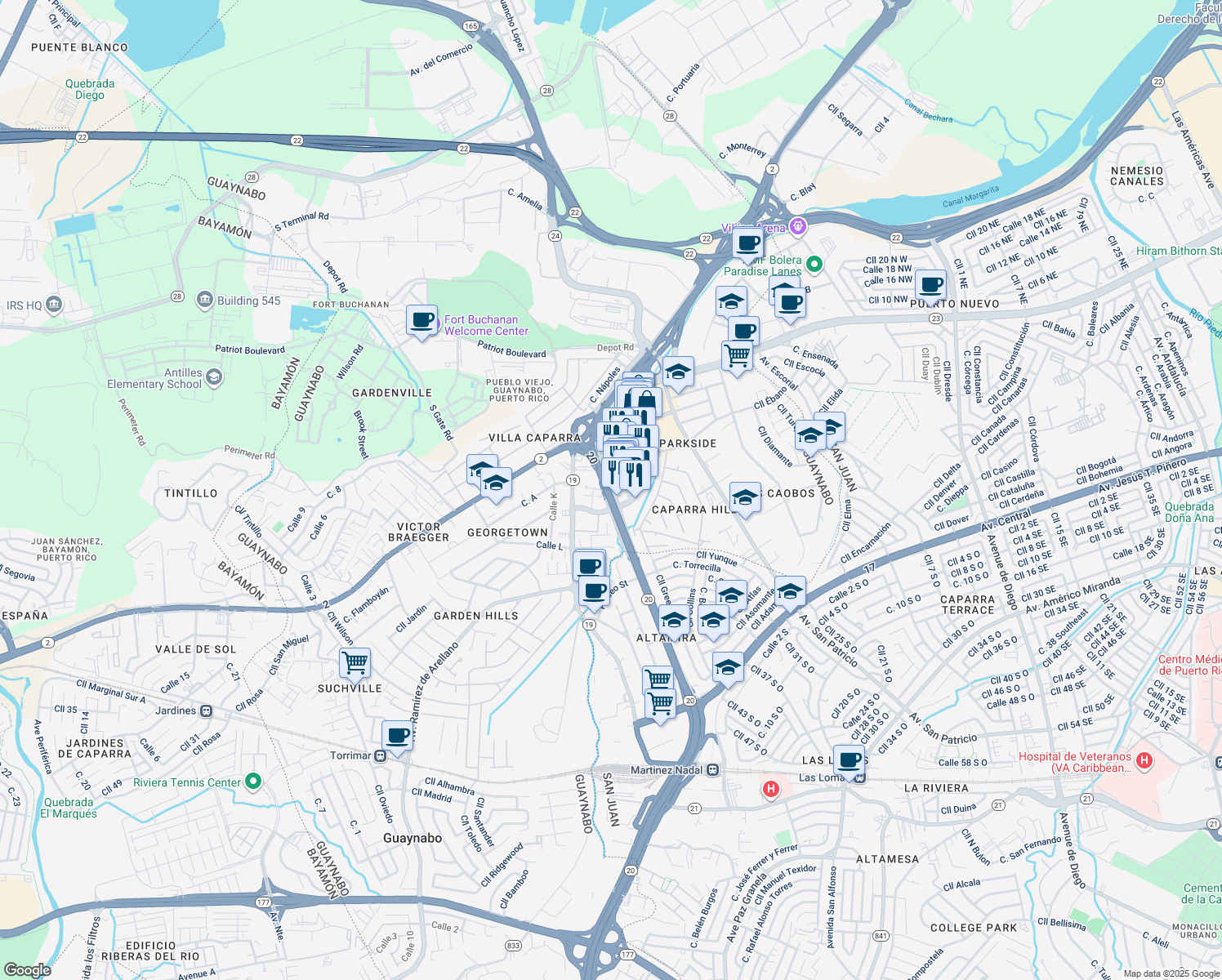 map of restaurants, bars, coffee shops, grocery stores, and more near Puerto Rico 20 in Guaynabo