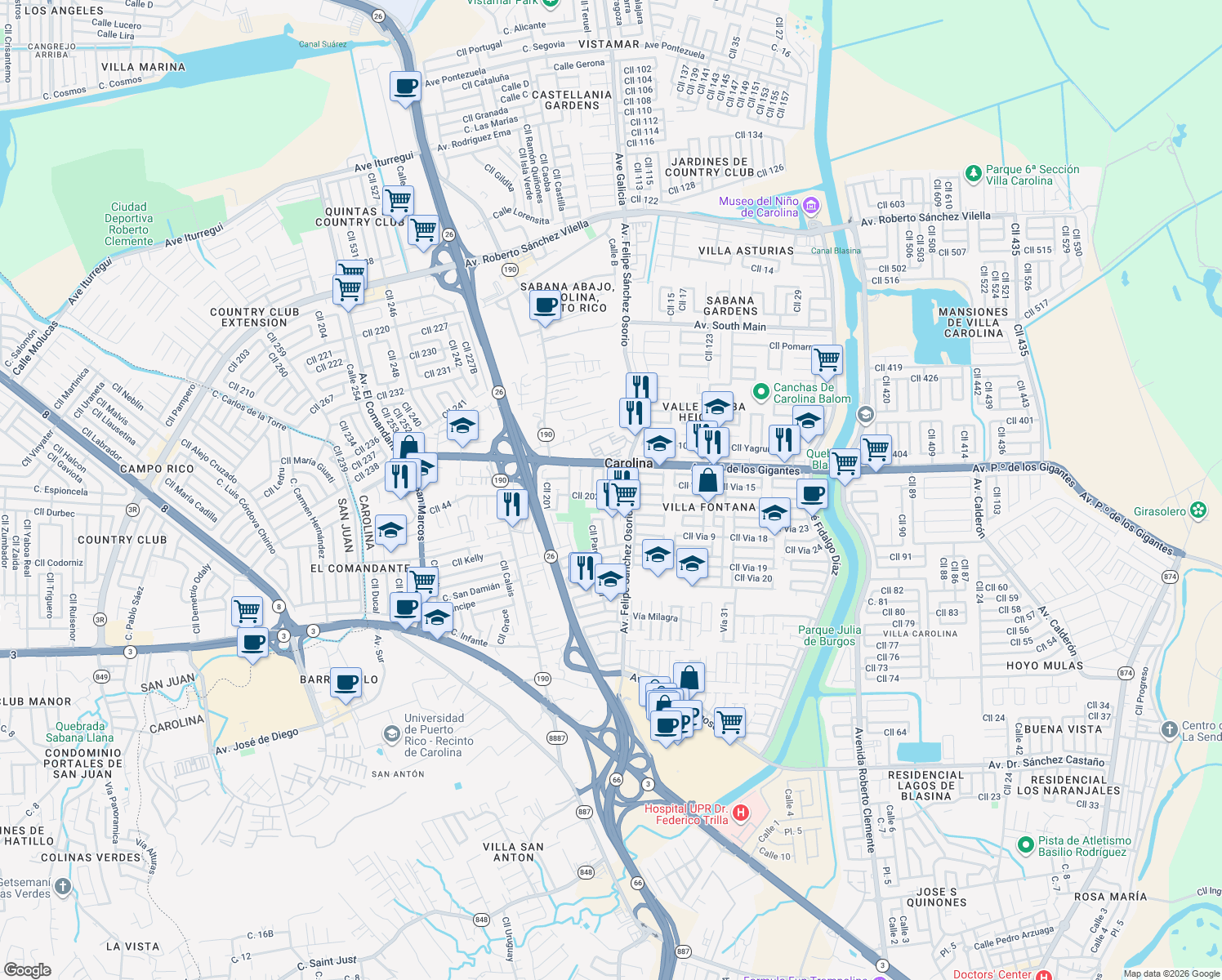 map of restaurants, bars, coffee shops, grocery stores, and more near Calle 215 in Carolina