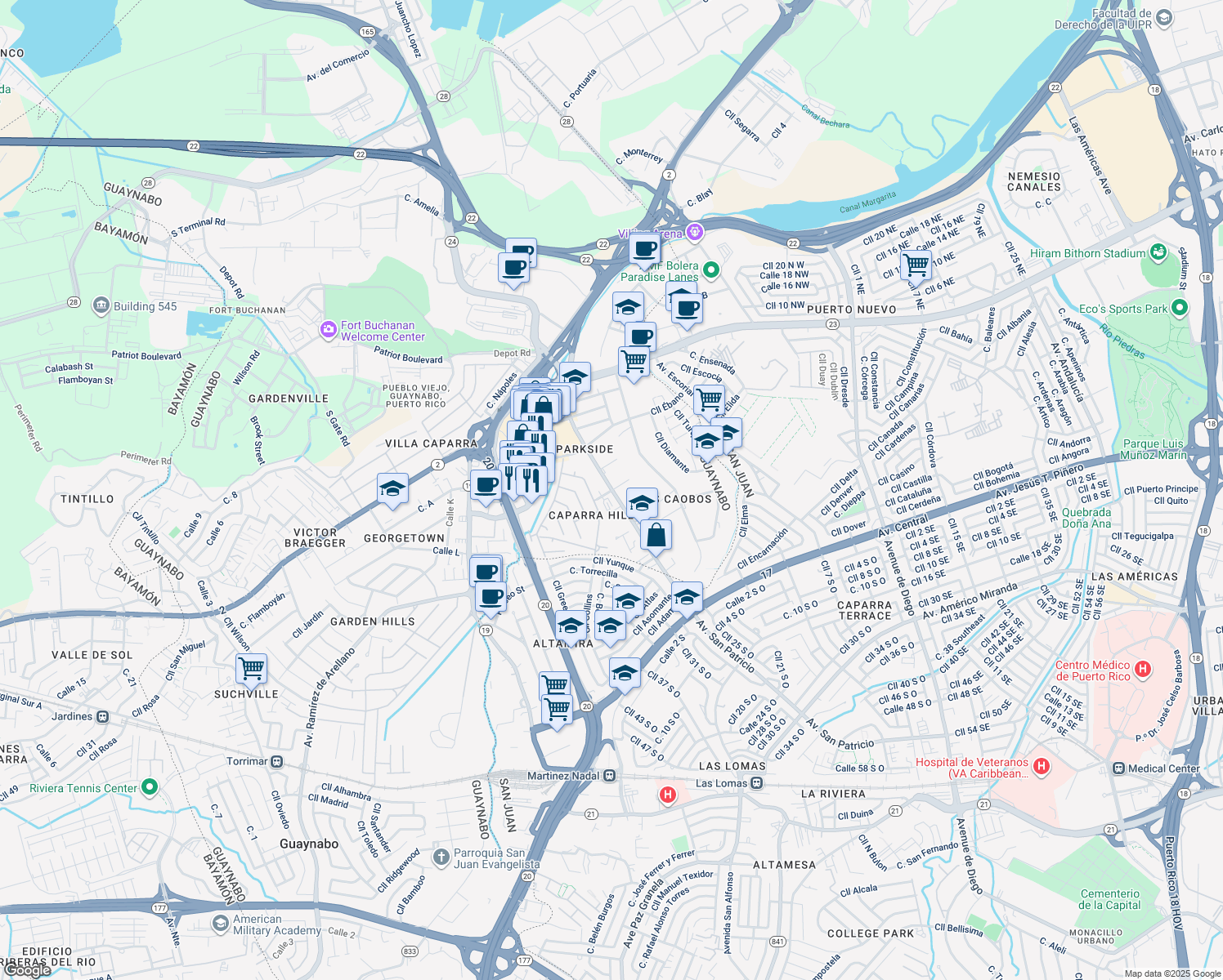 map of restaurants, bars, coffee shops, grocery stores, and more near in Guaynabo