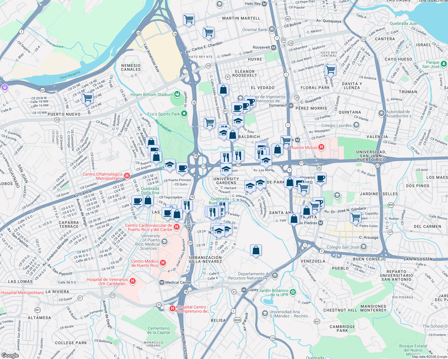 map of restaurants, bars, coffee shops, grocery stores, and more near in San Juan