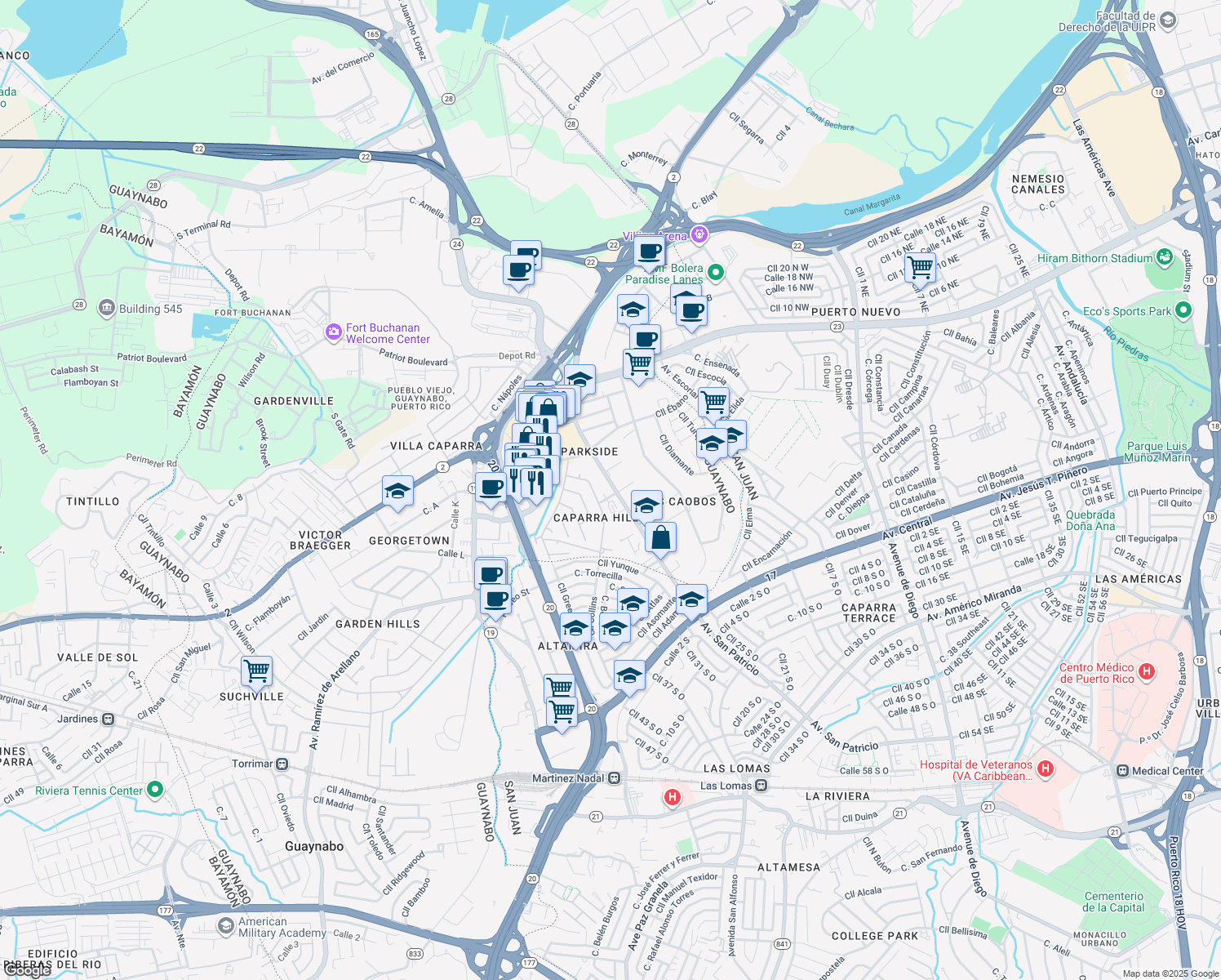map of restaurants, bars, coffee shops, grocery stores, and more near in Guaynabo