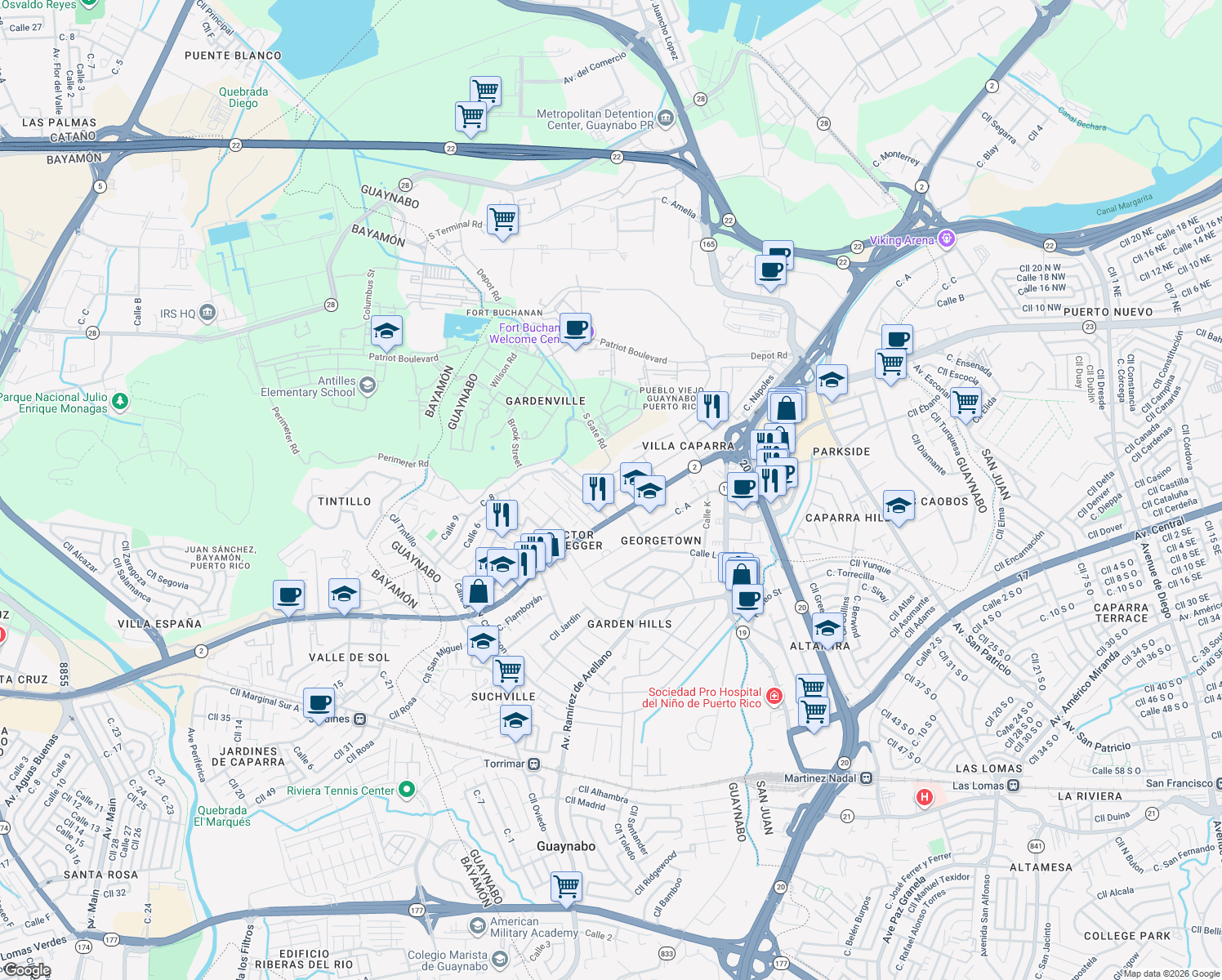map of restaurants, bars, coffee shops, grocery stores, and more near 4-6 Calle G in Guaynabo