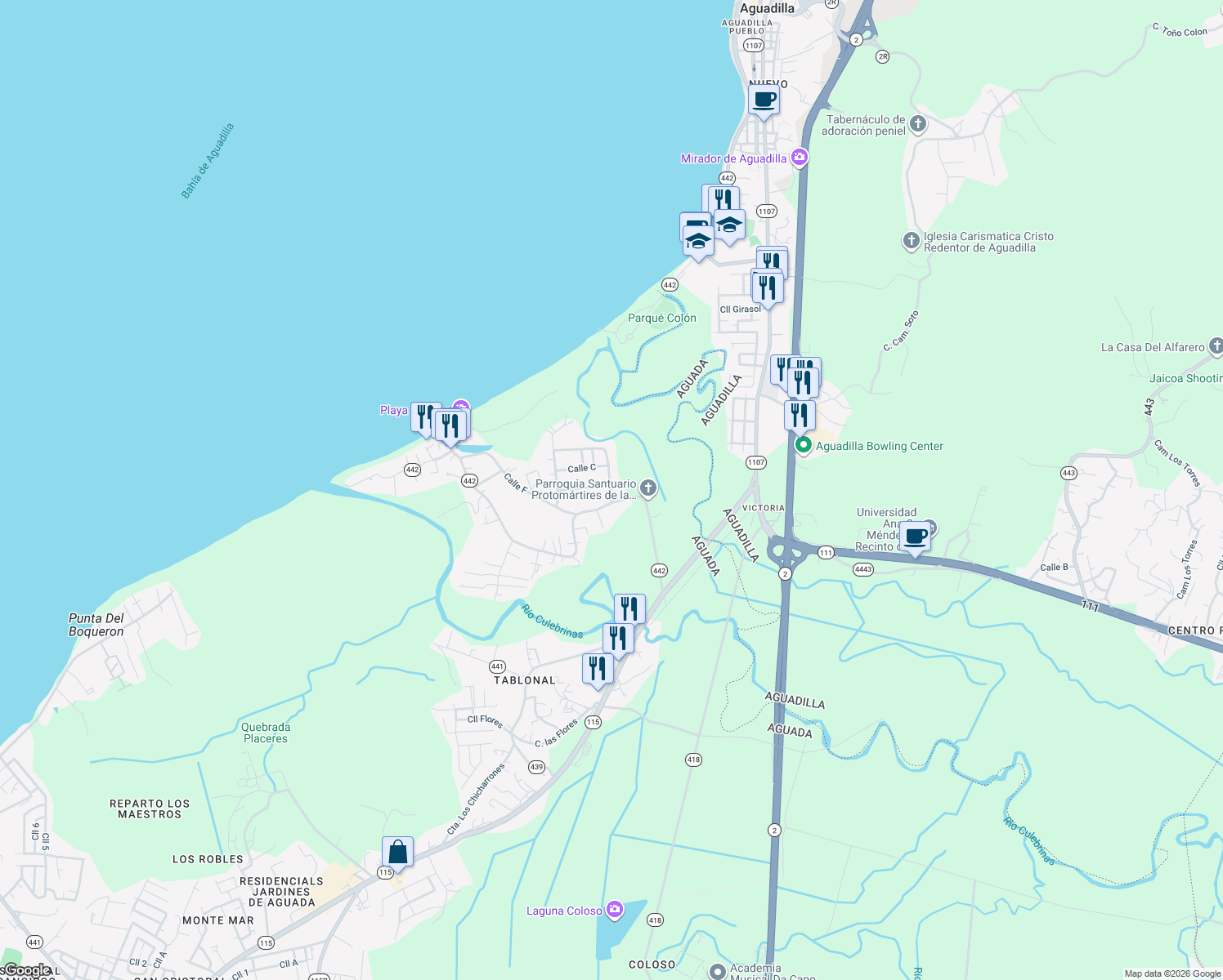map of restaurants, bars, coffee shops, grocery stores, and more near Calle A in Aguada