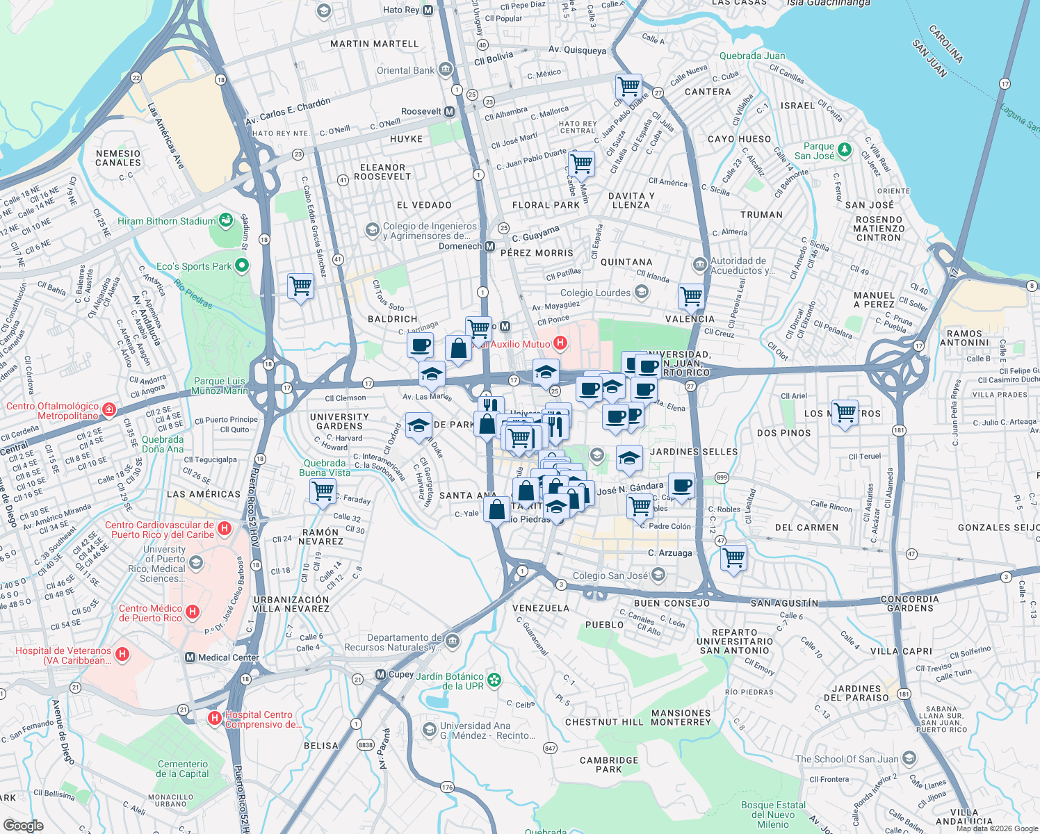 map of restaurants, bars, coffee shops, grocery stores, and more near 57 Calle Balseiro in San Juan
