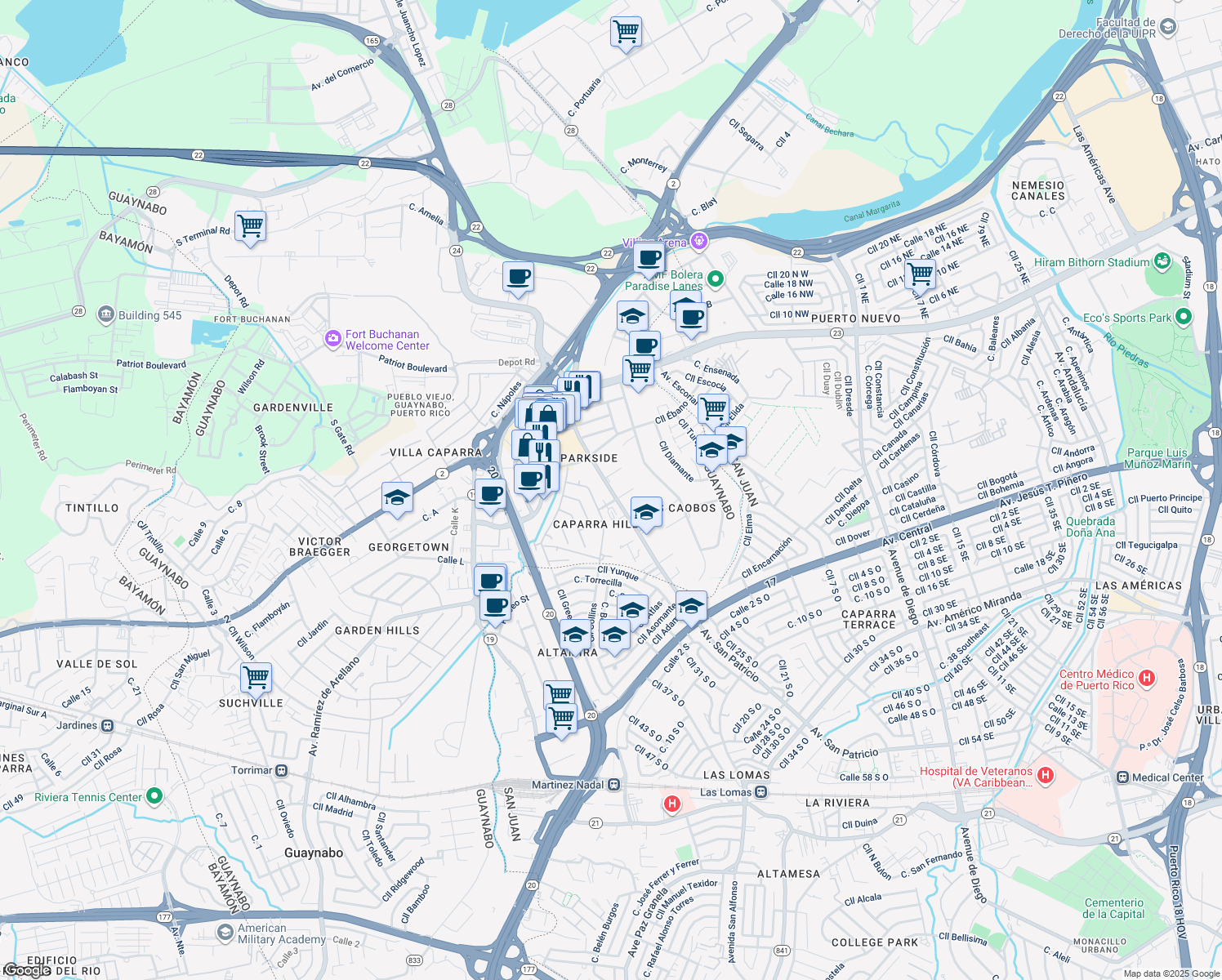 map of restaurants, bars, coffee shops, grocery stores, and more near 269-535 Avenida San Patricio in Guaynabo