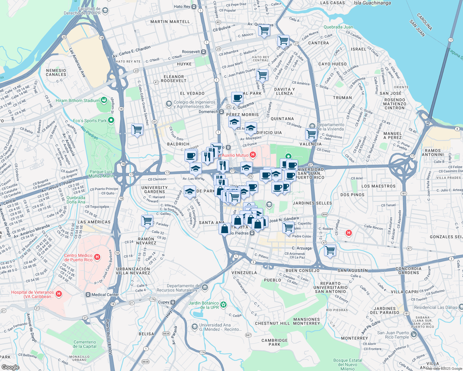 map of restaurants, bars, coffee shops, grocery stores, and more near in San Juan