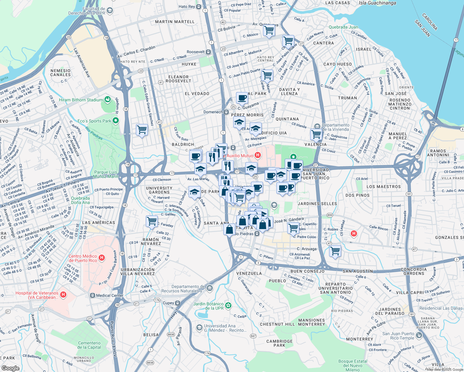map of restaurants, bars, coffee shops, grocery stores, and more near in San Juan