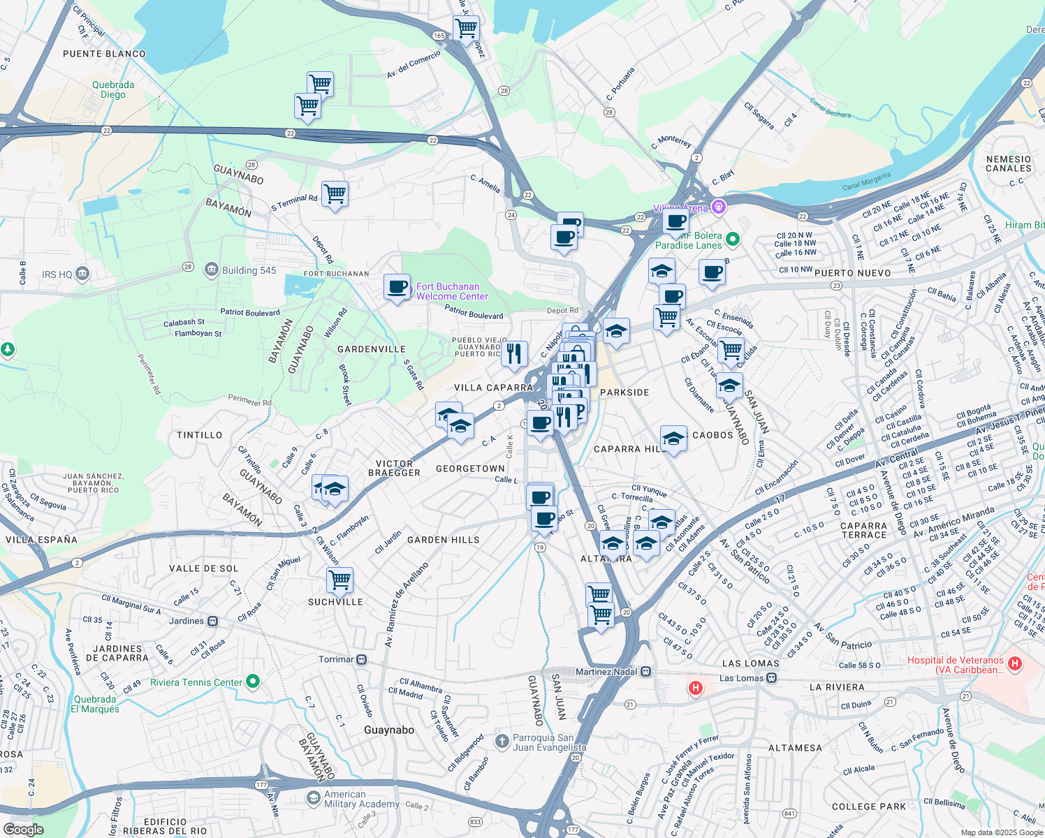 map of restaurants, bars, coffee shops, grocery stores, and more near in Guaynabo