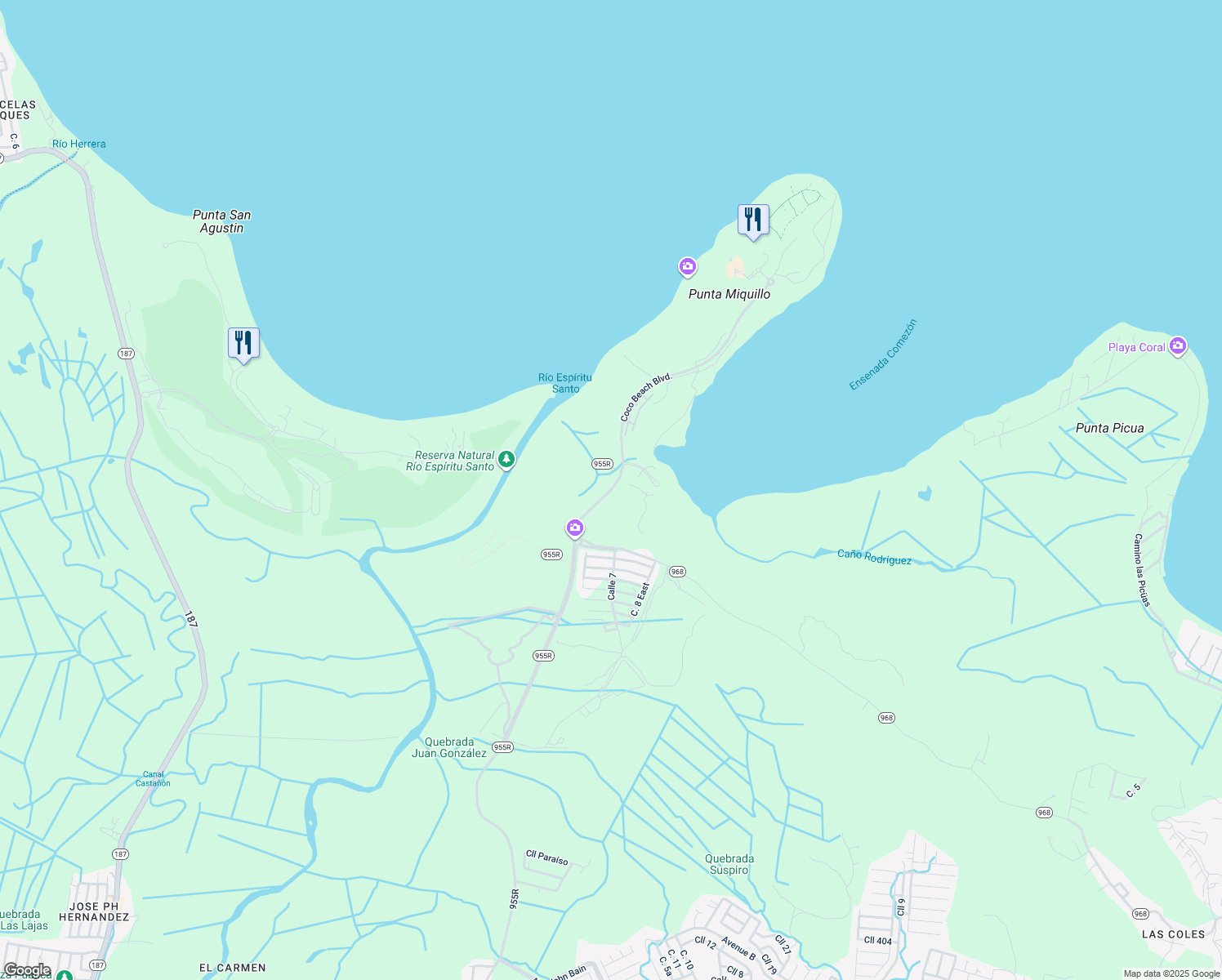 map of restaurants, bars, coffee shops, grocery stores, and more near Avenida A in Rio Grande
