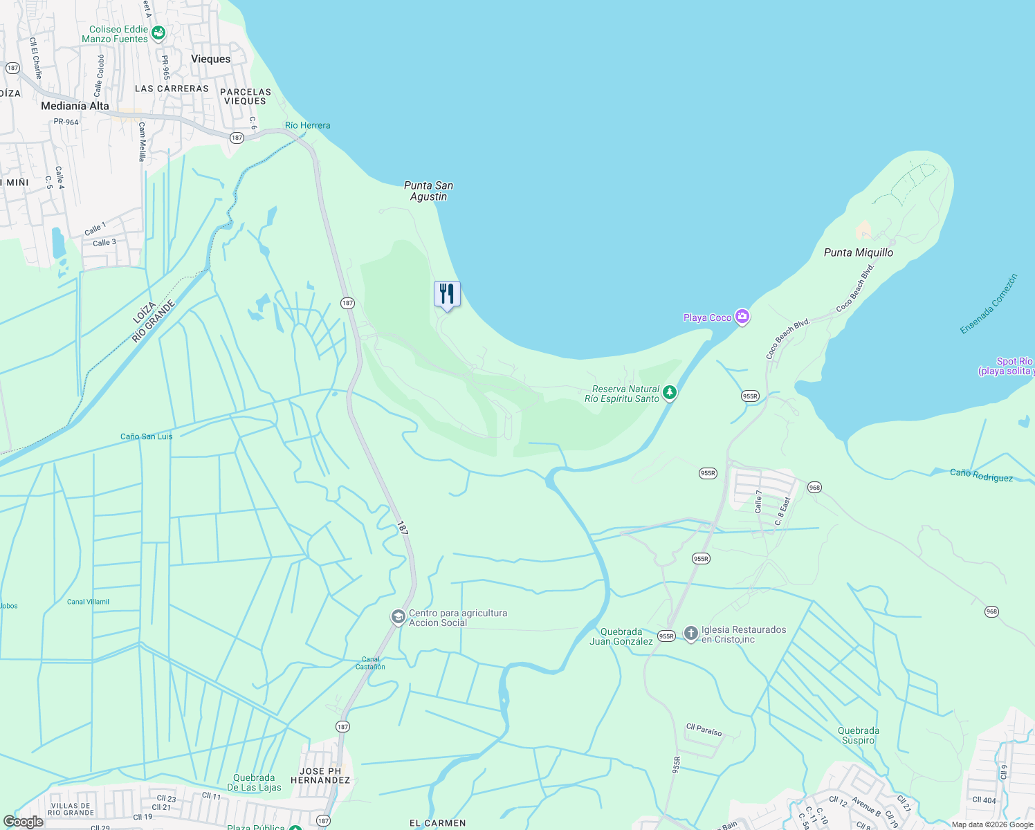 map of restaurants, bars, coffee shops, grocery stores, and more near Unnamed Road in Rio Grande