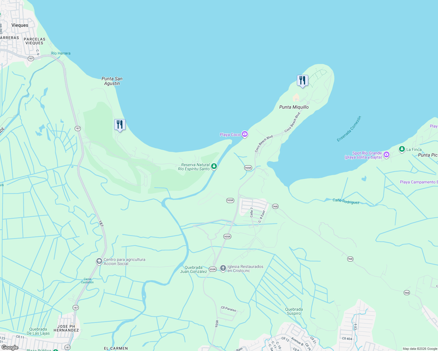map of restaurants, bars, coffee shops, grocery stores, and more near PR-955R in Rio Grande