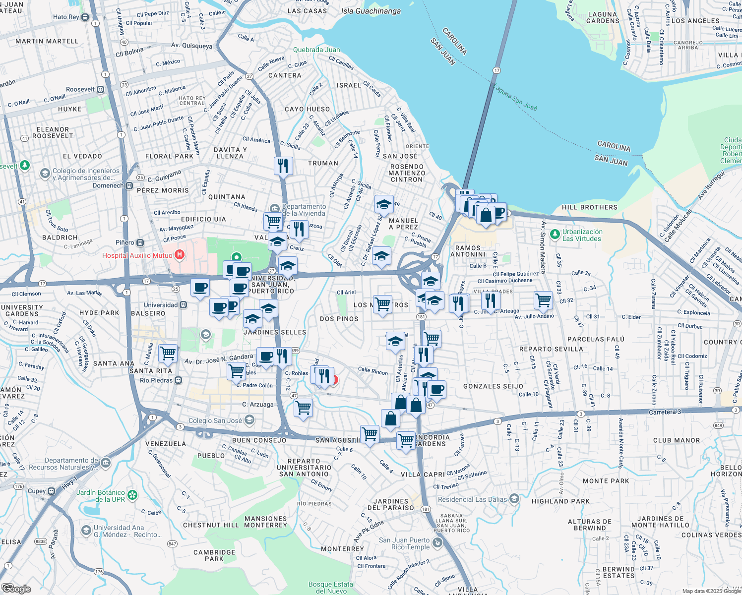 map of restaurants, bars, coffee shops, grocery stores, and more near Calle Luisa Gutierrez in San Juan