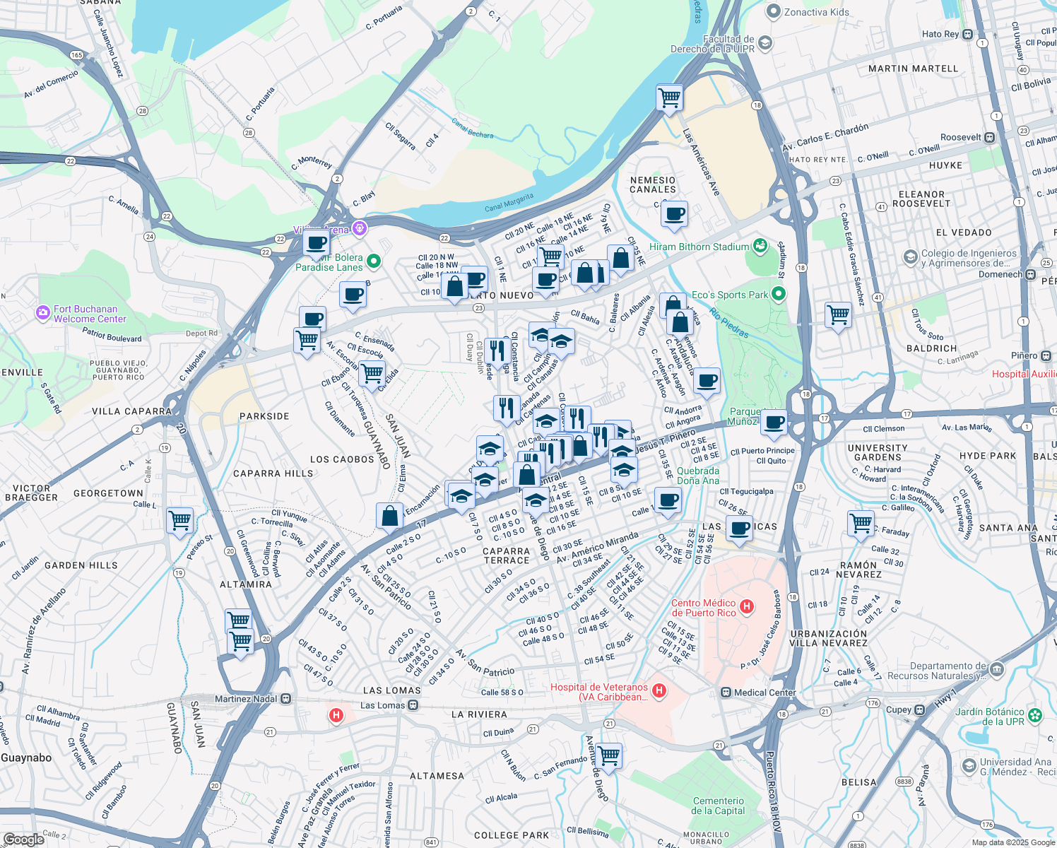 map of restaurants, bars, coffee shops, grocery stores, and more near 651-657 Calle Cremona in San Juan