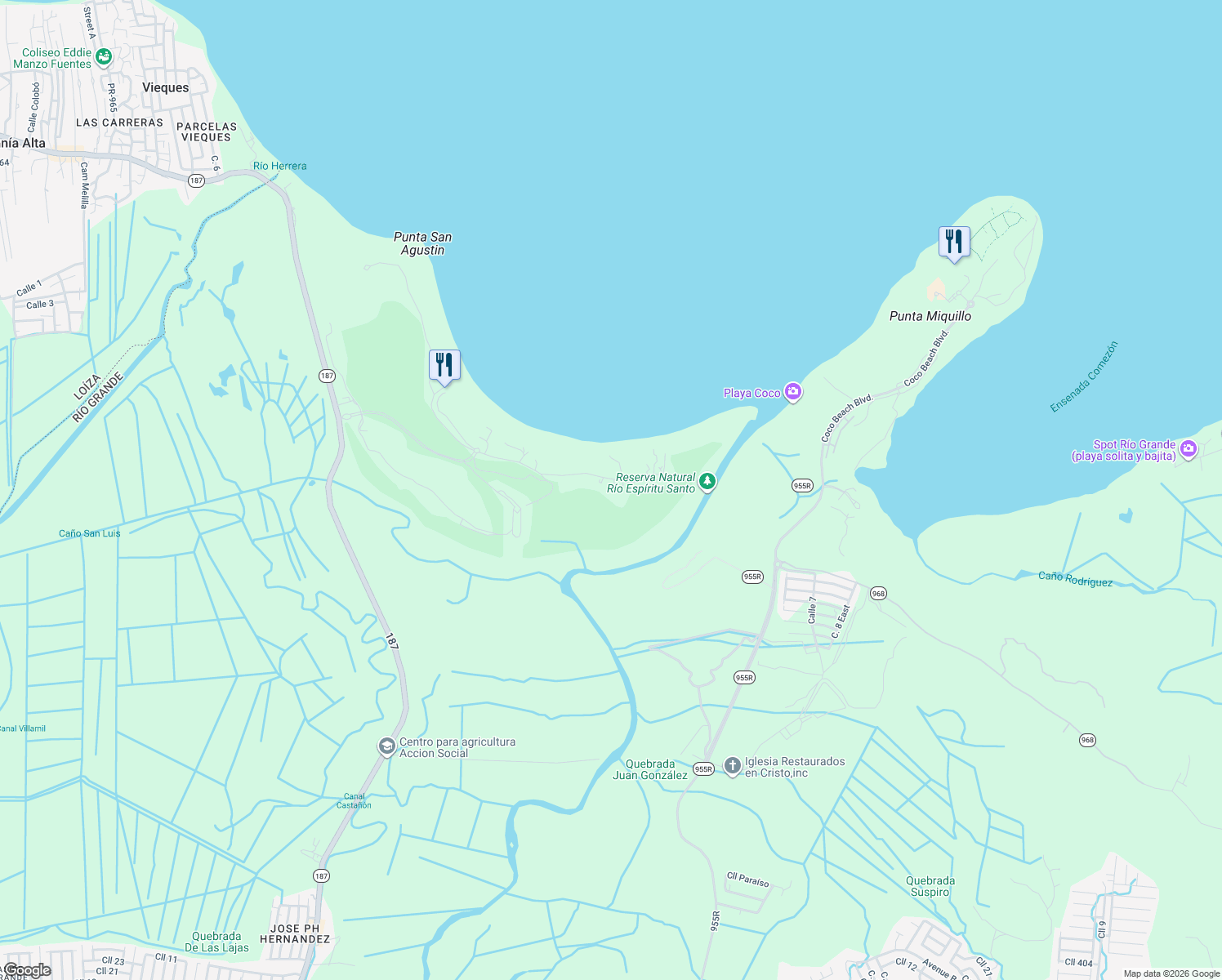 map of restaurants, bars, coffee shops, grocery stores, and more near in Río Grande