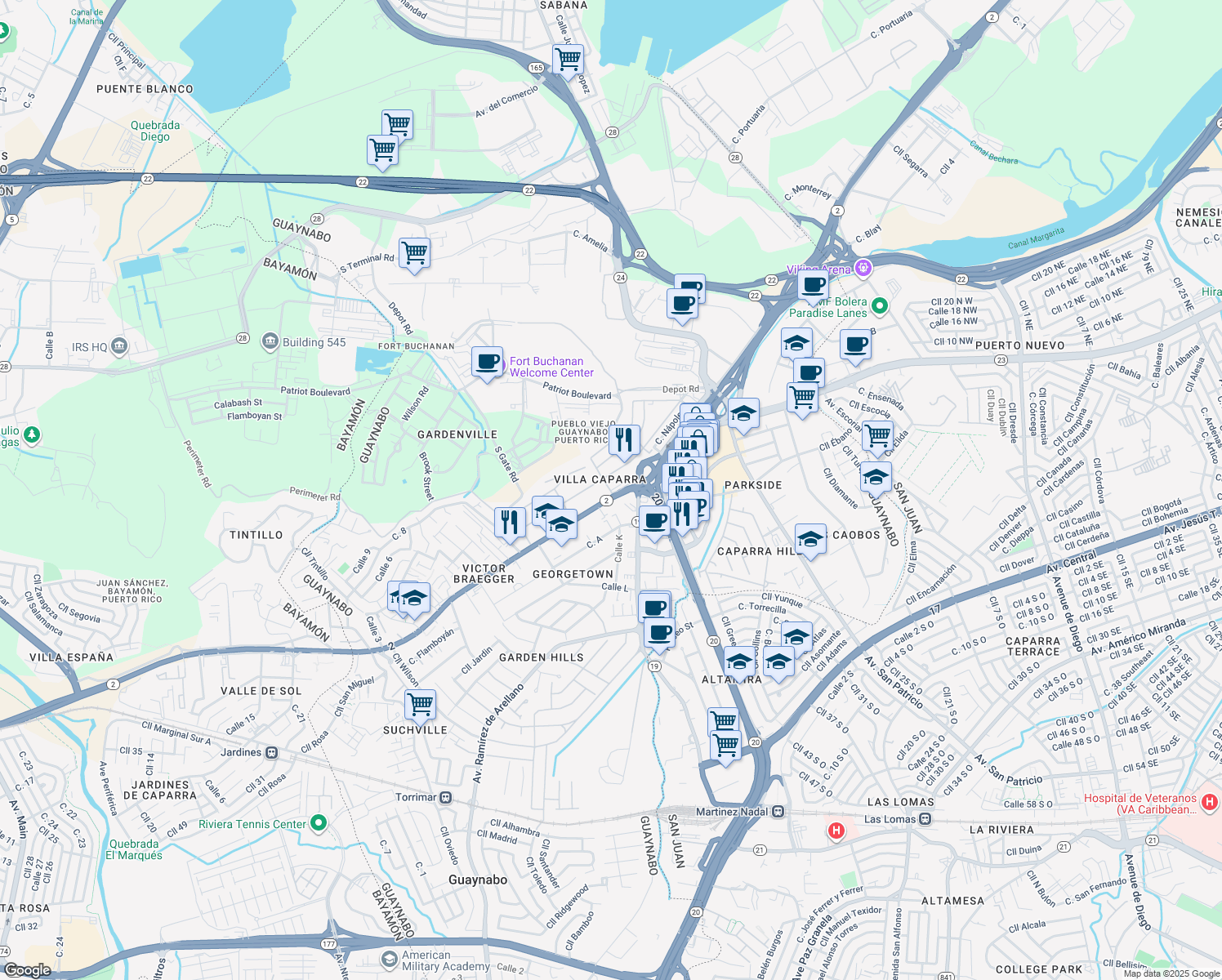 map of restaurants, bars, coffee shops, grocery stores, and more near in Guaynabo