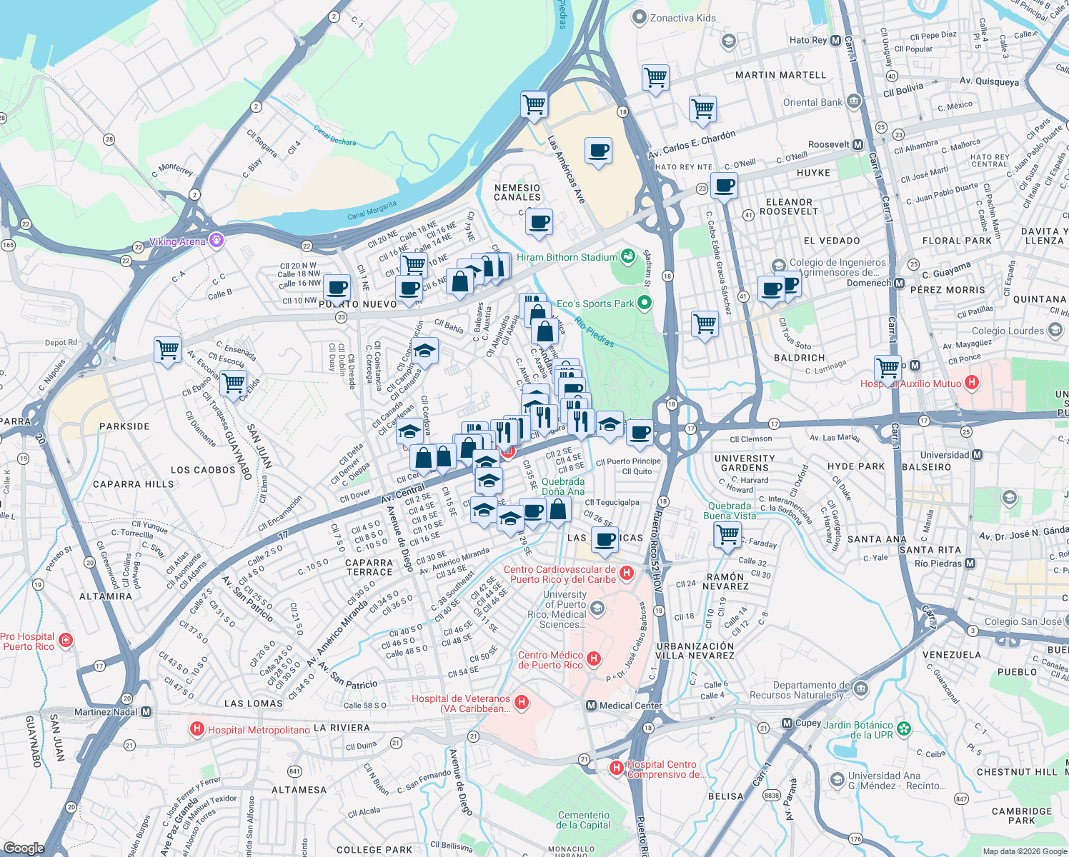 map of restaurants, bars, coffee shops, grocery stores, and more near Calle Andorra in San Juan