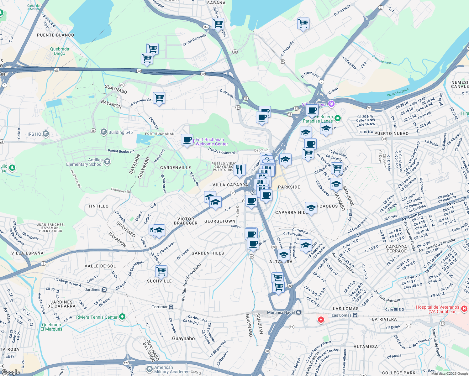 map of restaurants, bars, coffee shops, grocery stores, and more near in Guaynabo