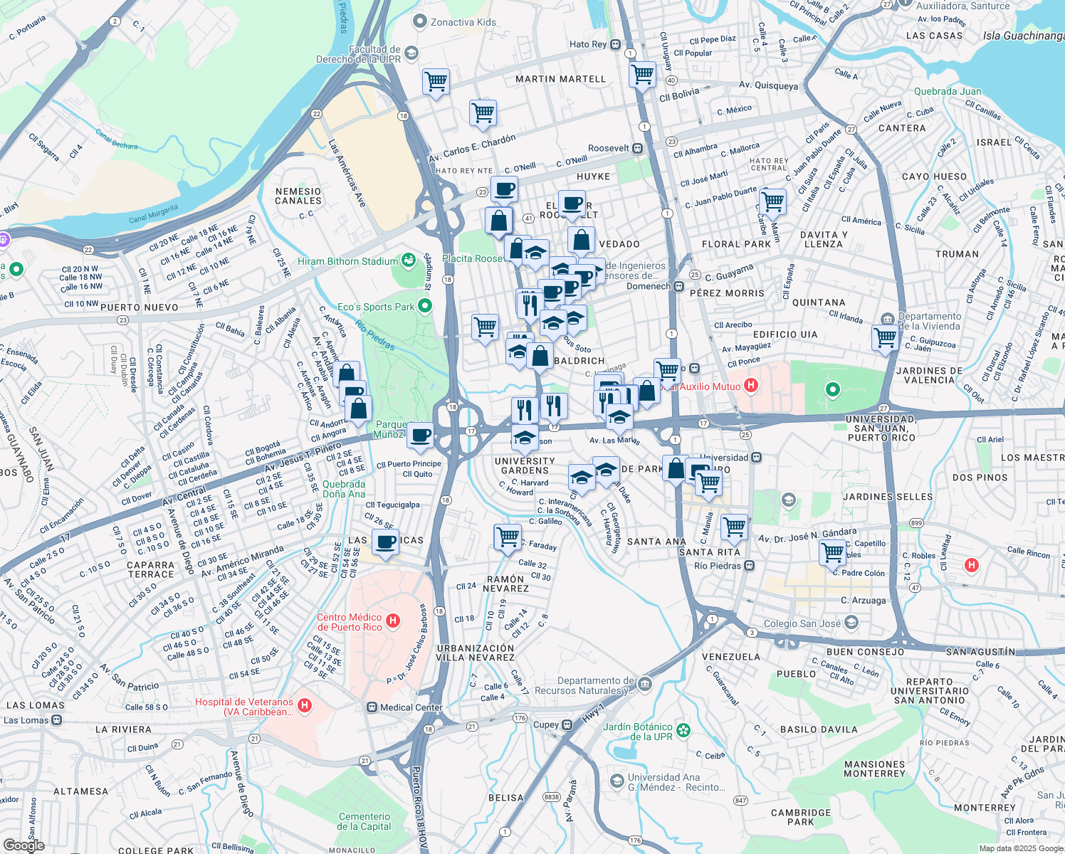 map of restaurants, bars, coffee shops, grocery stores, and more near Puerto Rico 17 in San Juan