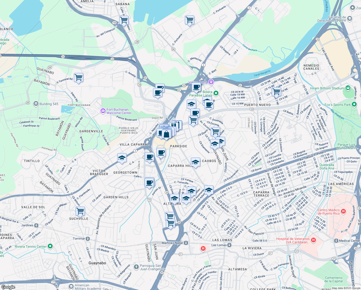 map of restaurants, bars, coffee shops, grocery stores, and more near 3 Avenida San Patricio in Guaynabo