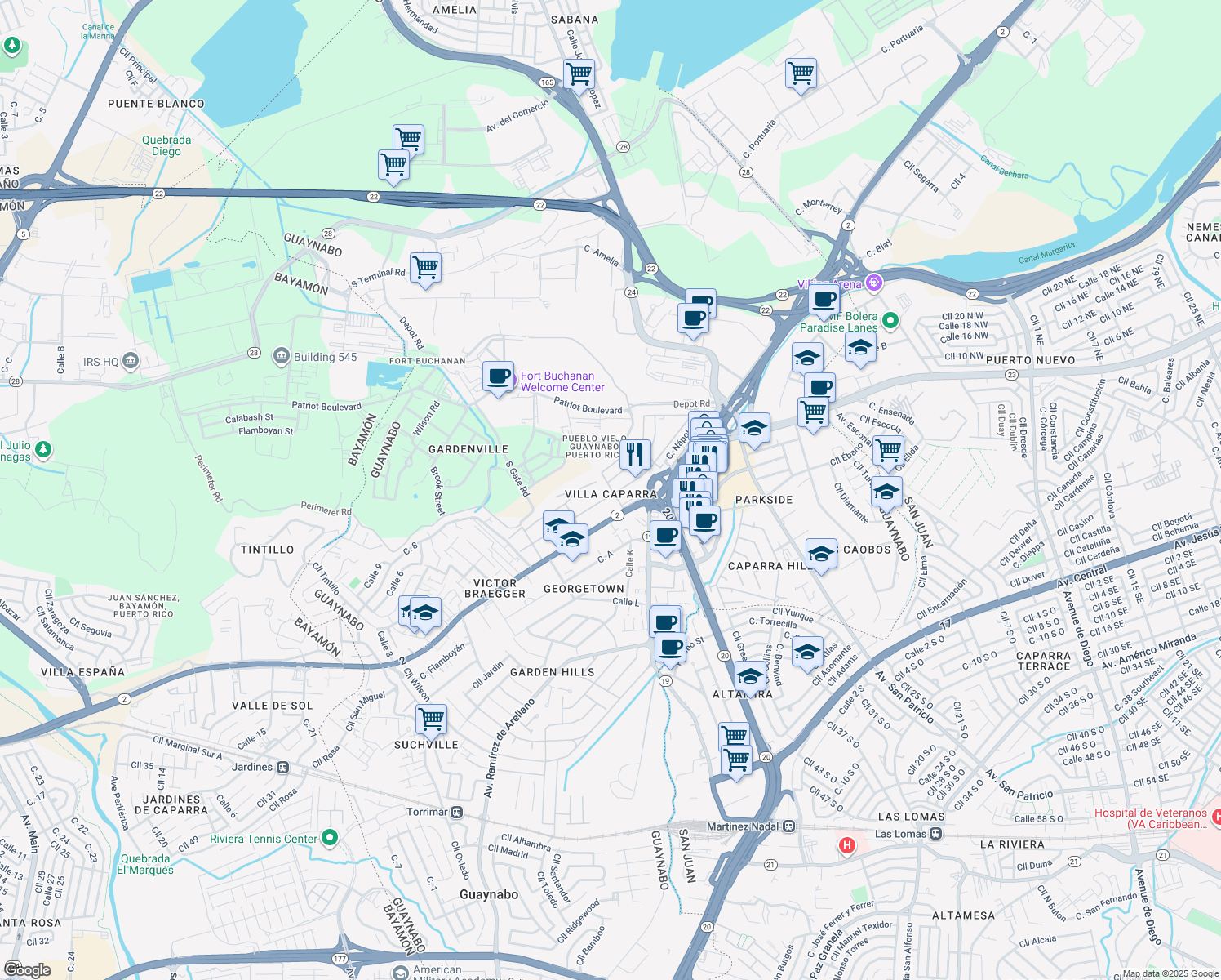 map of restaurants, bars, coffee shops, grocery stores, and more near in Guaynabo