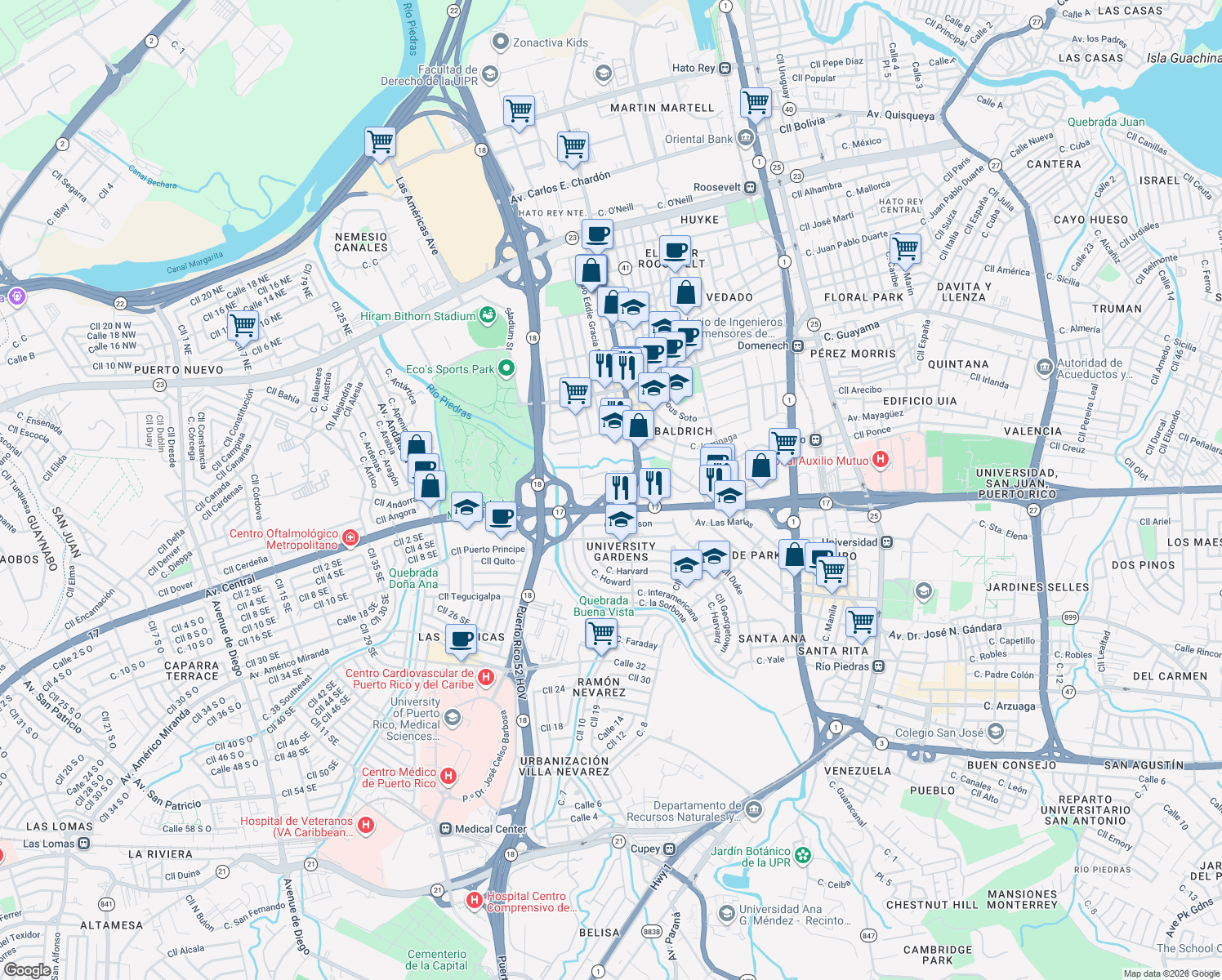 map of restaurants, bars, coffee shops, grocery stores, and more near in San Juan
