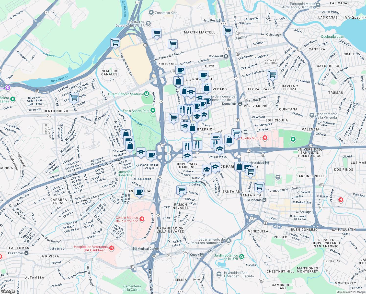 map of restaurants, bars, coffee shops, grocery stores, and more near in San Juan