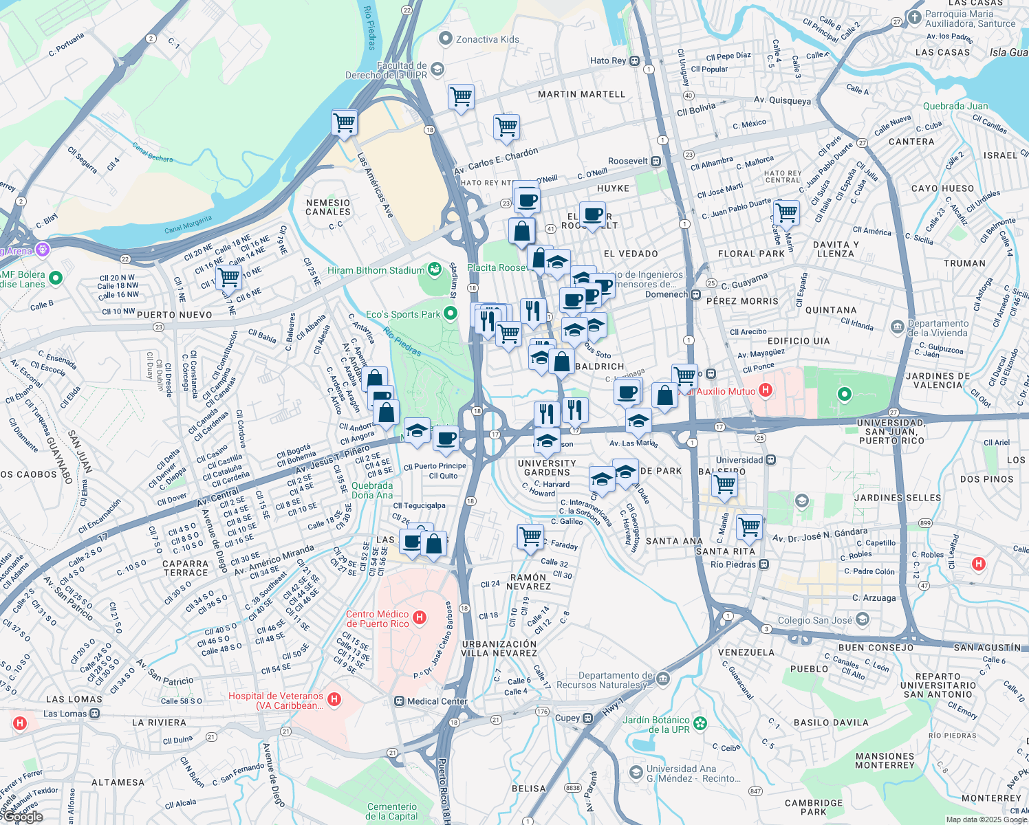 map of restaurants, bars, coffee shops, grocery stores, and more near Puerto Rico 17 in San Juan