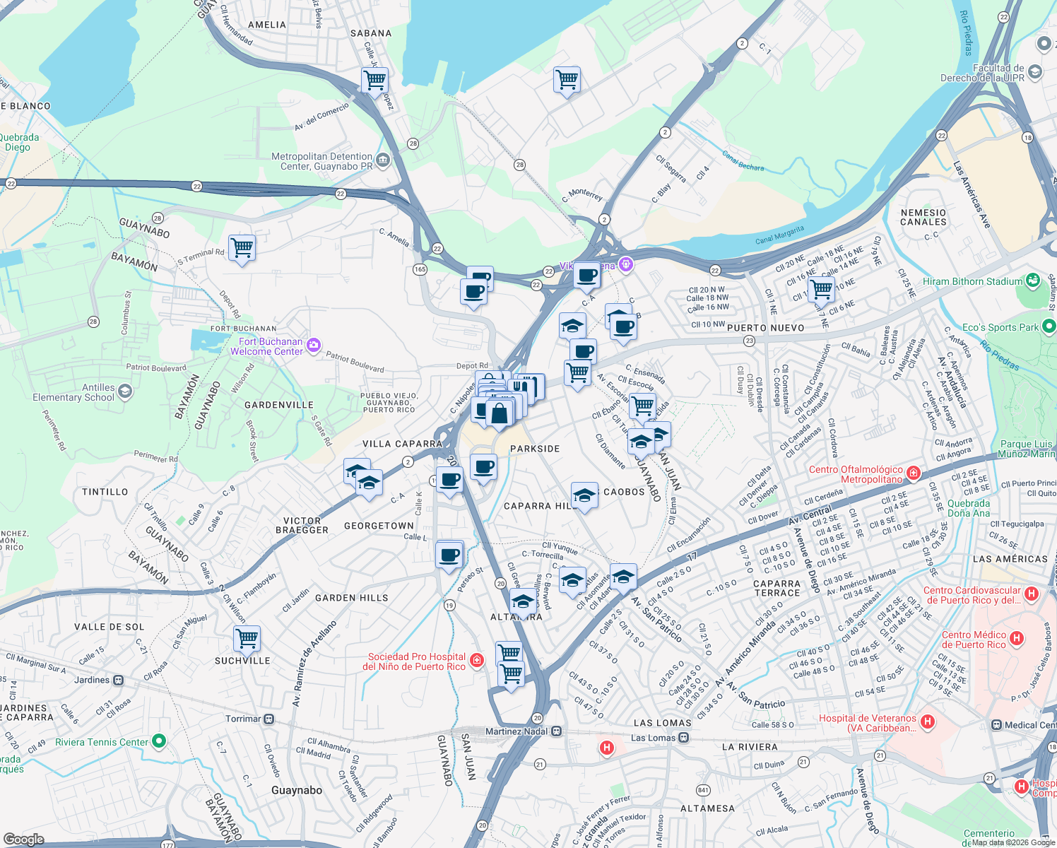 map of restaurants, bars, coffee shops, grocery stores, and more near in Guaynabo