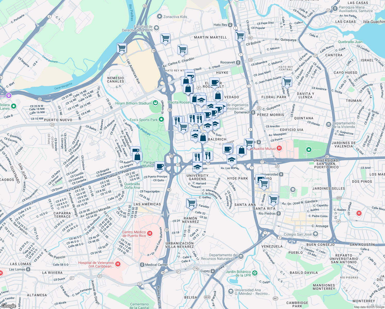 map of restaurants, bars, coffee shops, grocery stores, and more near Puerto Rico 41 in San Juan