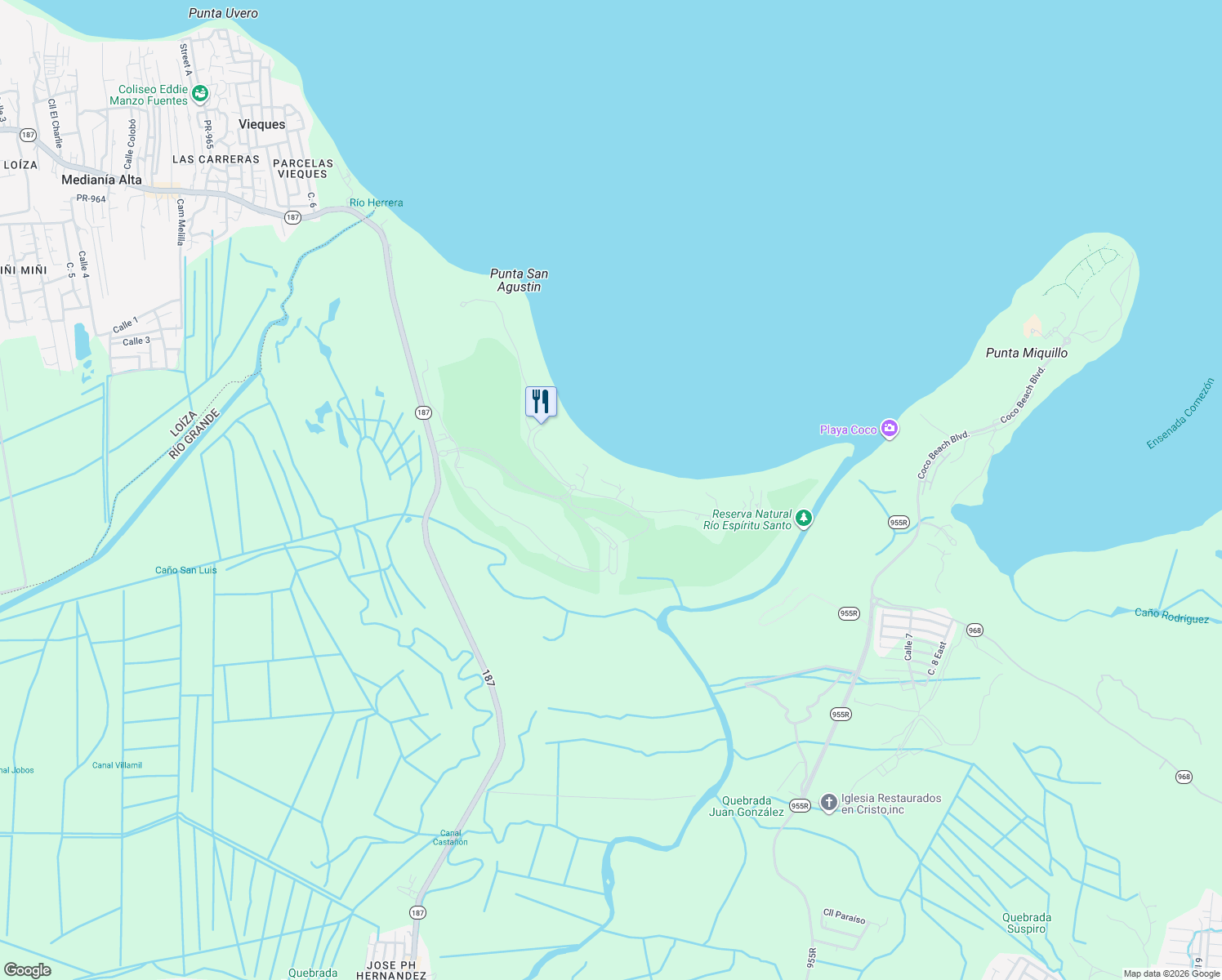 map of restaurants, bars, coffee shops, grocery stores, and more near Unnamed Road in Rio Grande