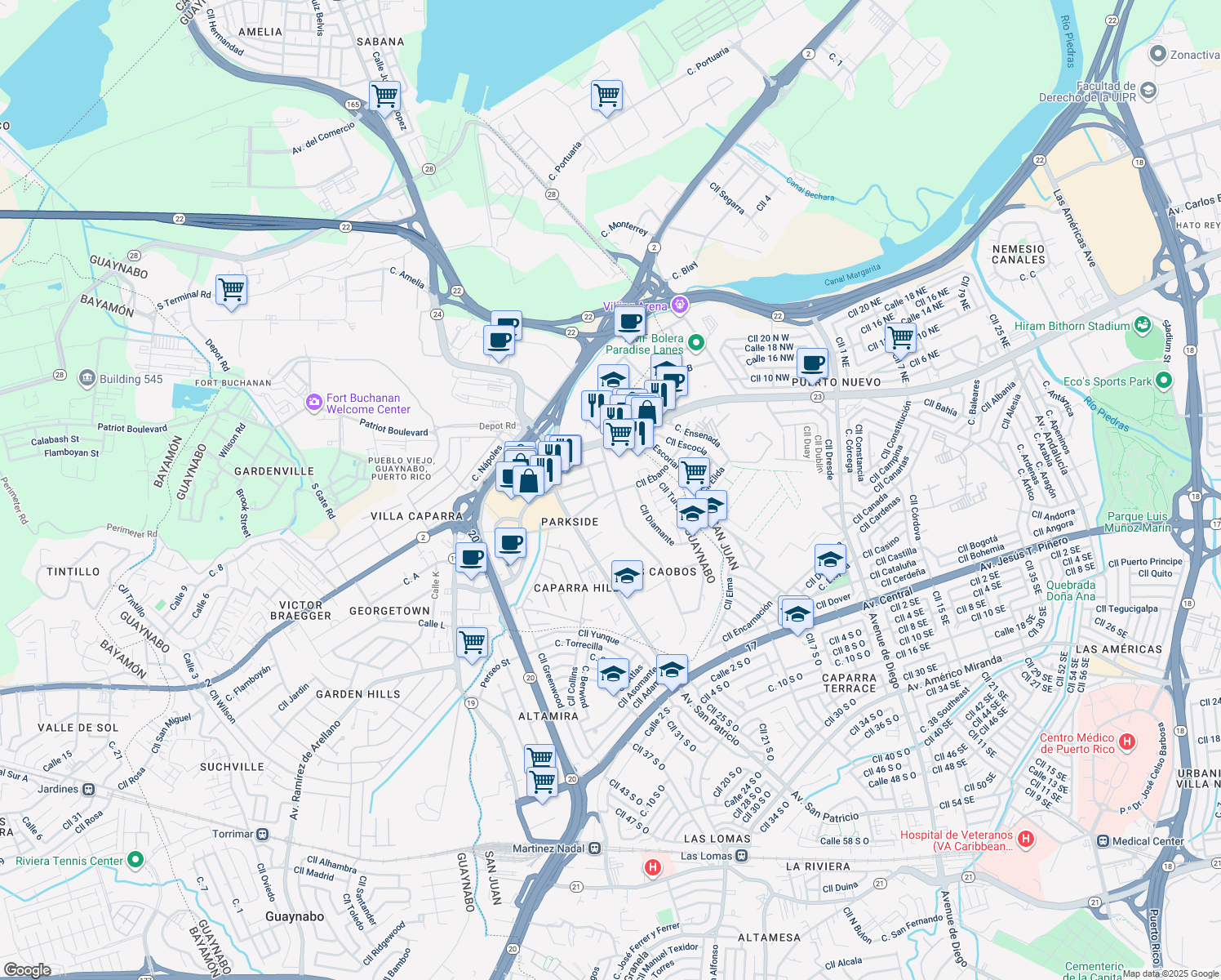 map of restaurants, bars, coffee shops, grocery stores, and more near Calle Parkside 1 in Guaynabo
