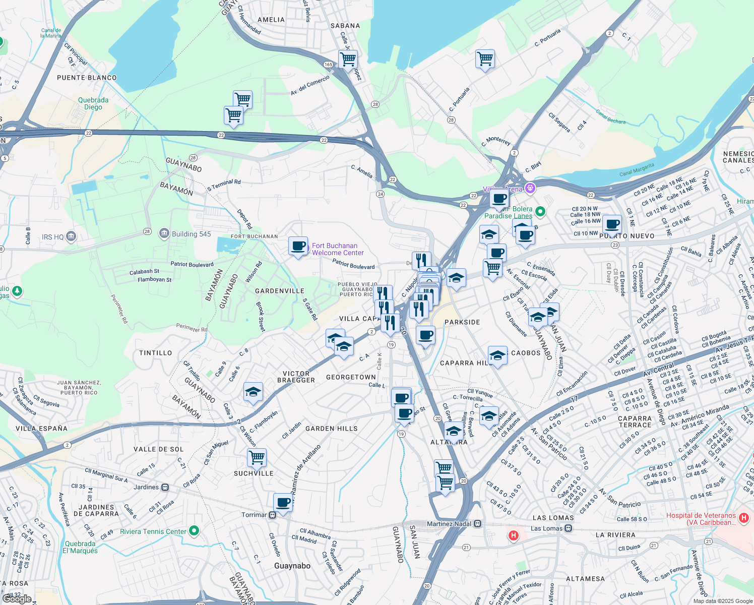 map of restaurants, bars, coffee shops, grocery stores, and more near 23-25 Calle Florencia in Guaynabo